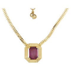 Christian Dior Vintage 1980 Amethyst Rectangle Crystal Octagon Pendant Necklace