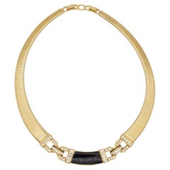 Christian Dior Vintage 1980 Black Crystals Interlocked Ribbed Omega Necklace