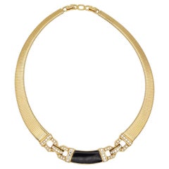 Christian Dior Vintage 1980 Black Crystals Interlocked Ribbed Omega Necklace