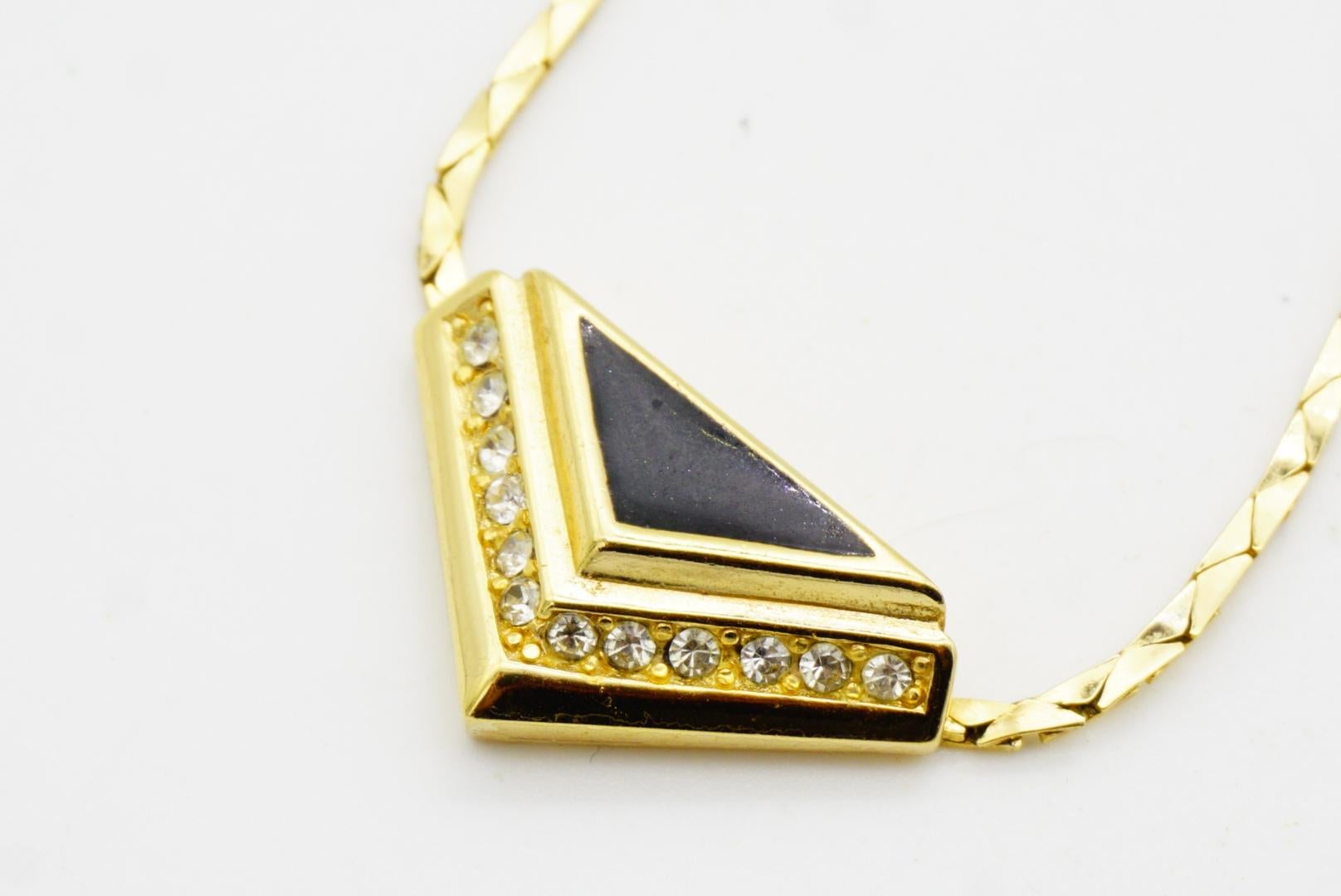 Christian Dior Vintage 1980 Black Enamel Crystal Triangle Pendant Gold Necklace For Sale 5