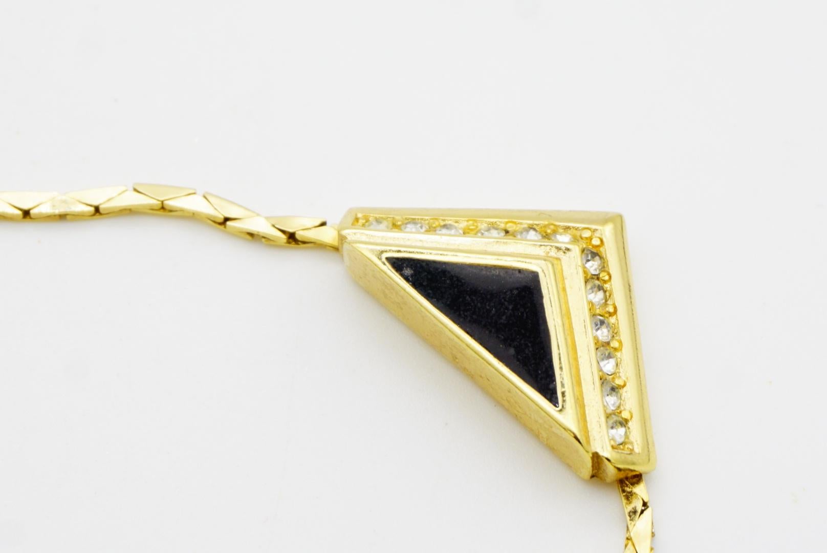 Christian Dior Vintage 1980 Black Enamel Crystal Triangle Pendant Gold Necklace For Sale 6