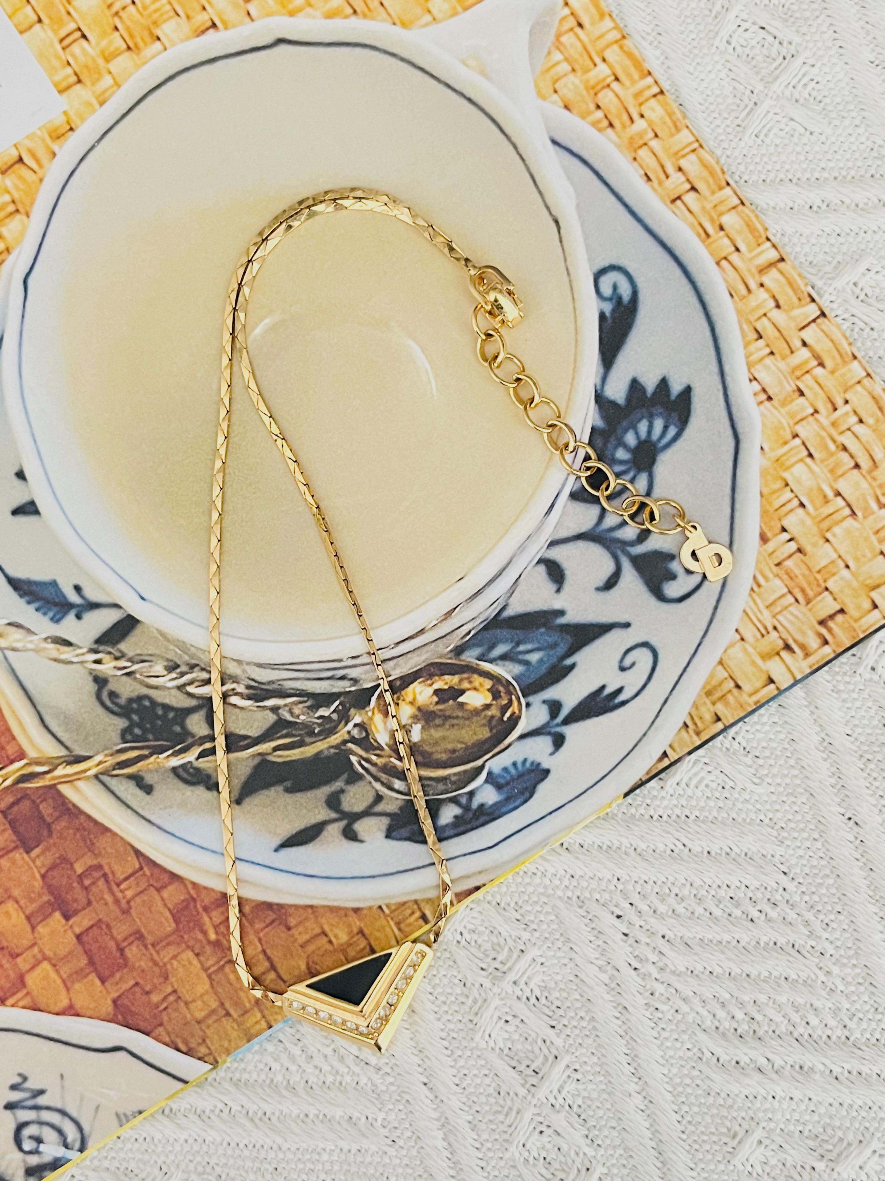 Art Deco Christian Dior Vintage 1980 Black Enamel Crystal Triangle Pendant Gold Necklace For Sale