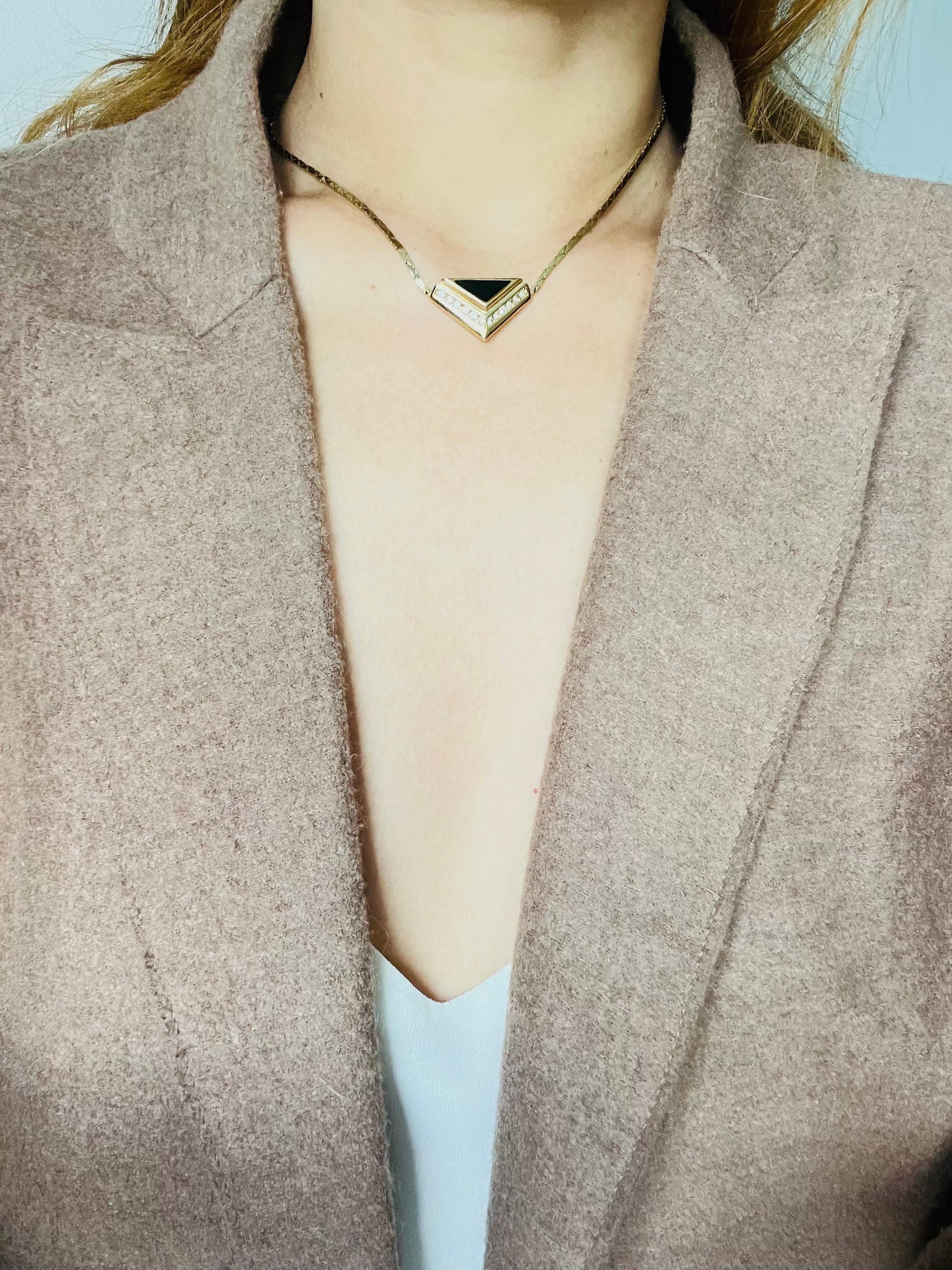 Women's or Men's Christian Dior Vintage 1980 Black Enamel Crystal Triangle Pendant Gold Necklace For Sale