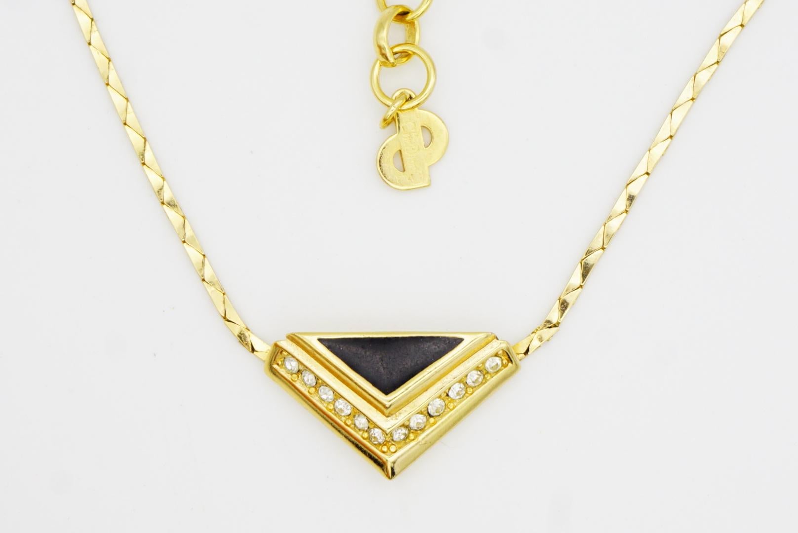 Christian Dior Vintage 1980 Black Enamel Crystal Triangle Pendant Gold Necklace For Sale 4