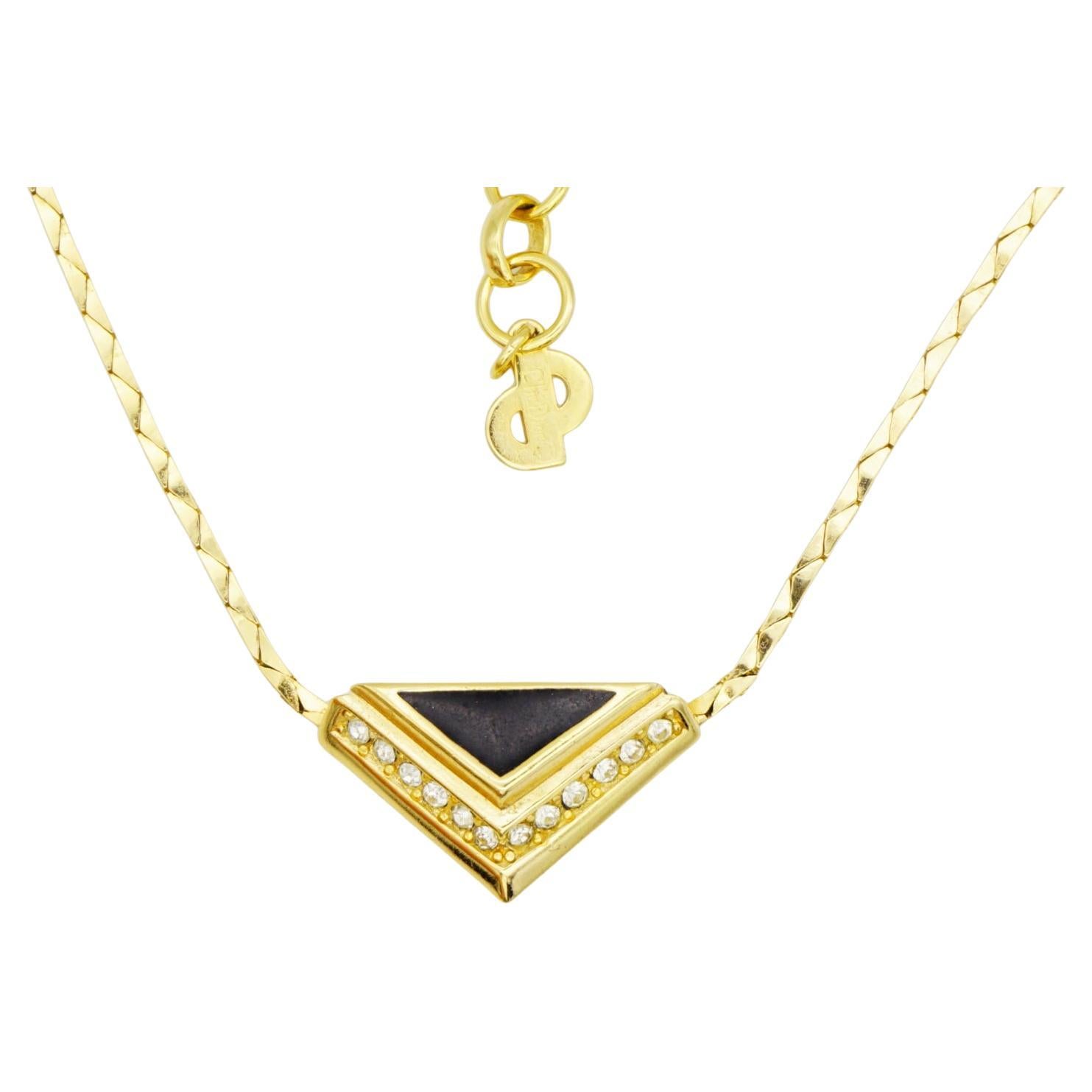 Christian Dior Vintage 1980 Black Enamel Crystal Triangle Pendant Gold Necklace For Sale