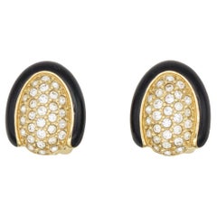 Christian Dior Vintage 1980 Black Enamel Crystals Oval Whole Gold Clip Earrings