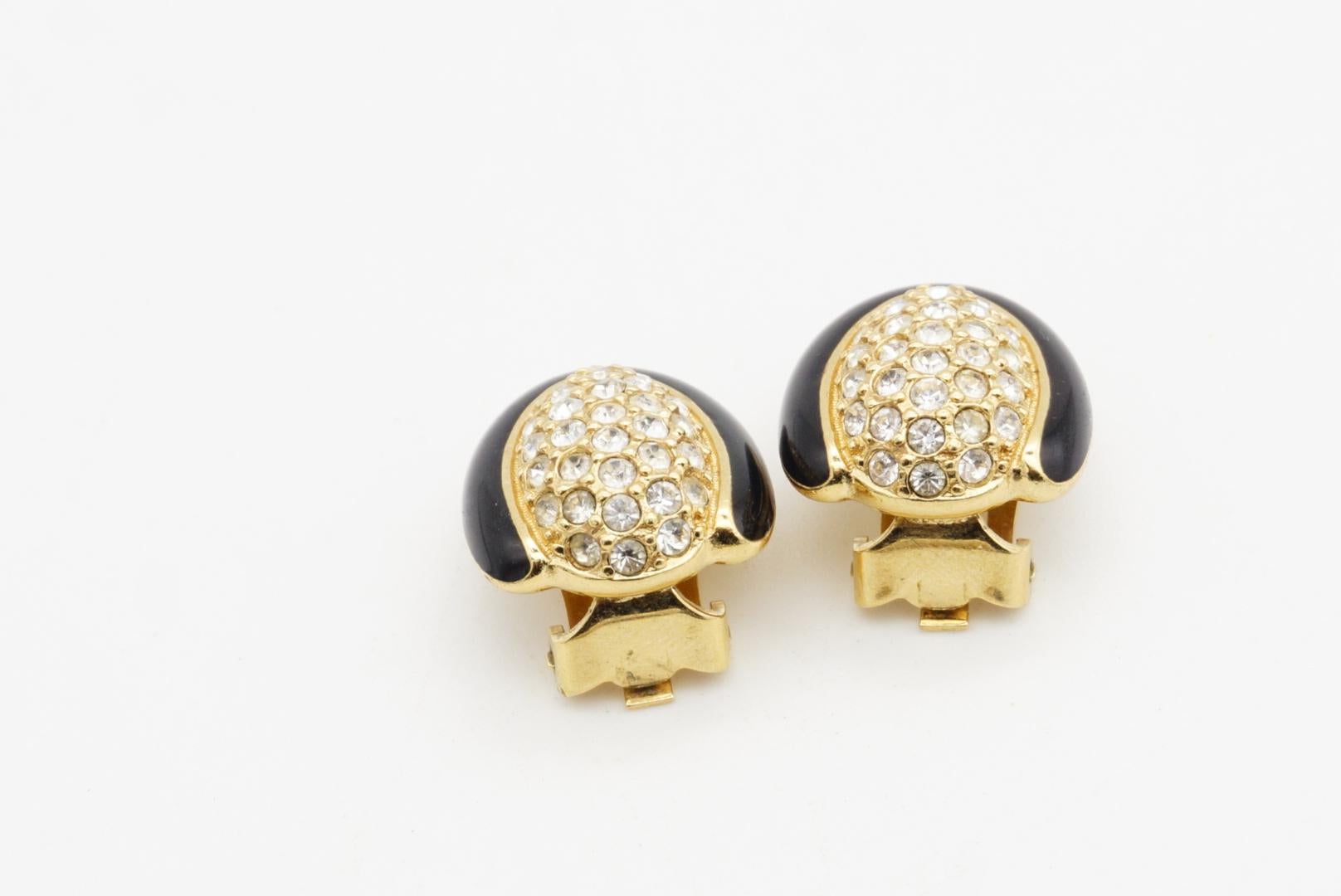 Christian Dior Vintage 1980 Black Enamel Oval Whole Crystals Gold Clip Earrings For Sale 5