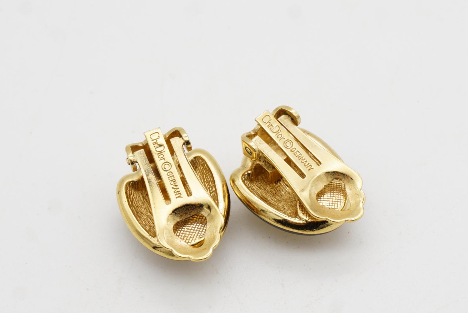 Christian Dior Vintage 1980 Black Enamel Oval Whole Crystals Gold Clip Earrings For Sale 6