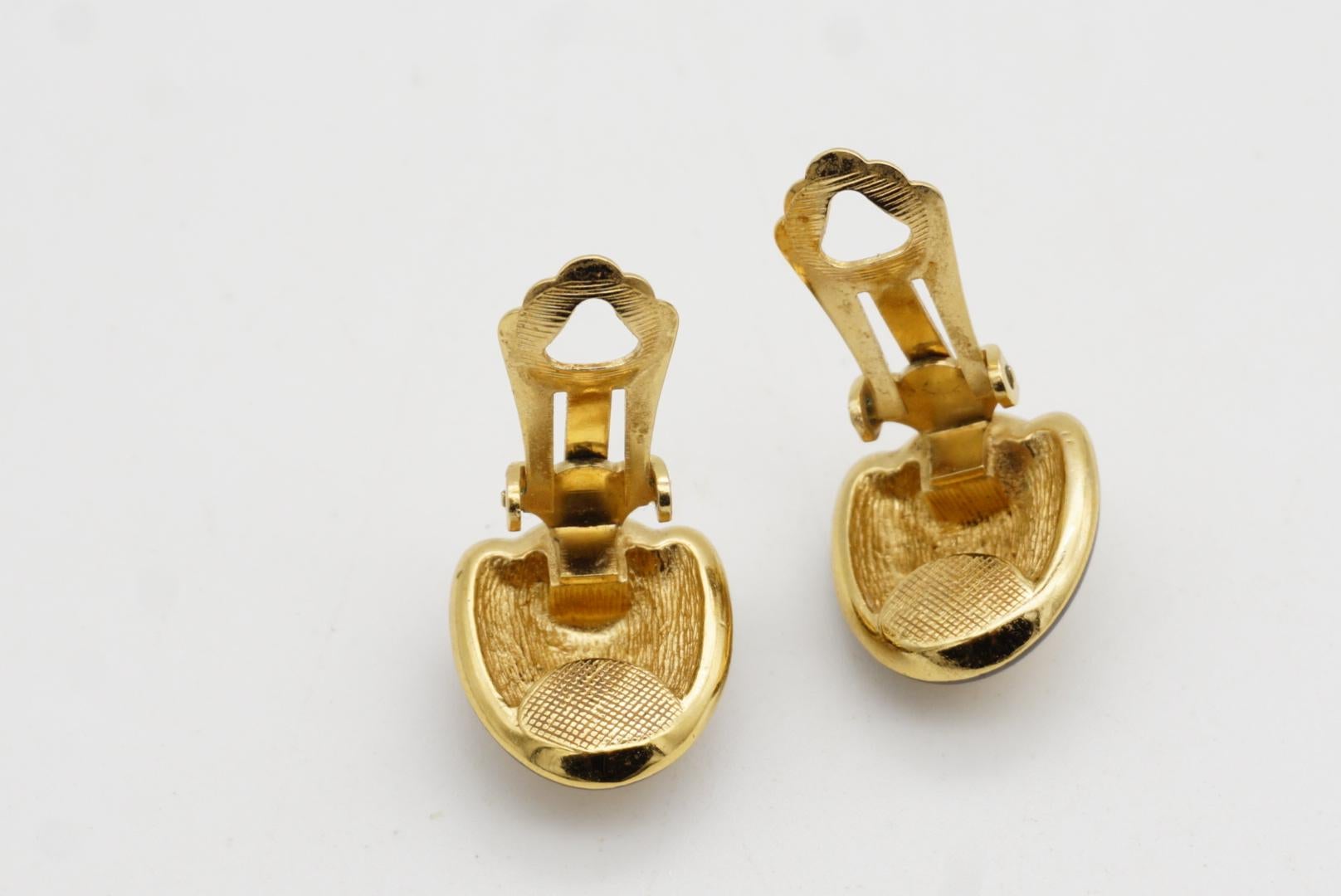 Christian Dior Vintage 1980 Black Enamel Oval Whole Crystals Gold Clip Earrings For Sale 7
