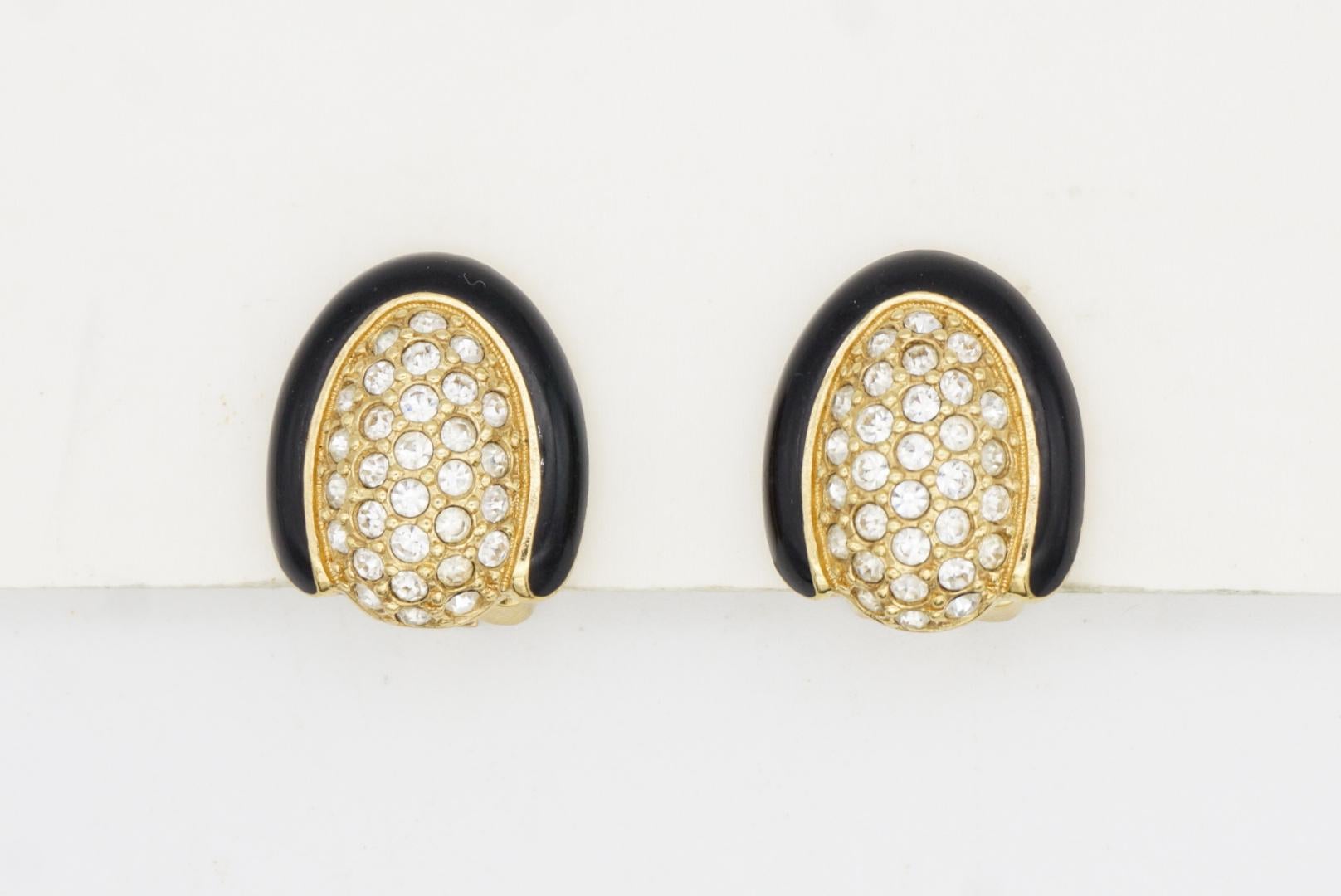 Christian Dior Vintage 1980 Black Enamel Oval Whole Crystals Gold Clip Earrings For Sale 8