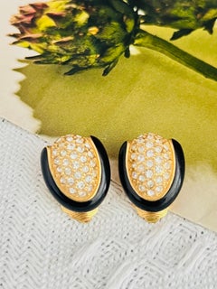 Christian Dior Vintage 1980 Schwarzer Emaille Oval Ganzer Kristalle Gold Clip Ohrringe