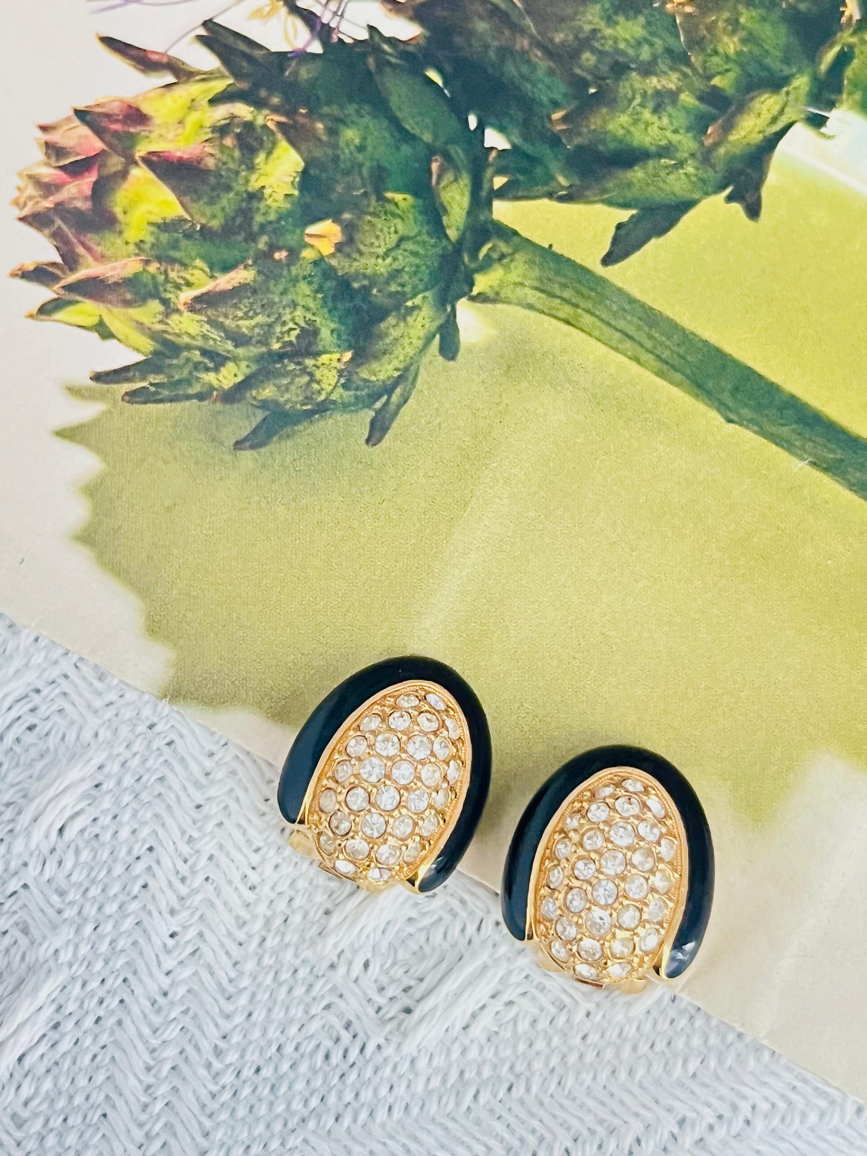 Art Deco Christian Dior Vintage 1980 Black Enamel Oval Whole Crystals Gold Clip Earrings For Sale