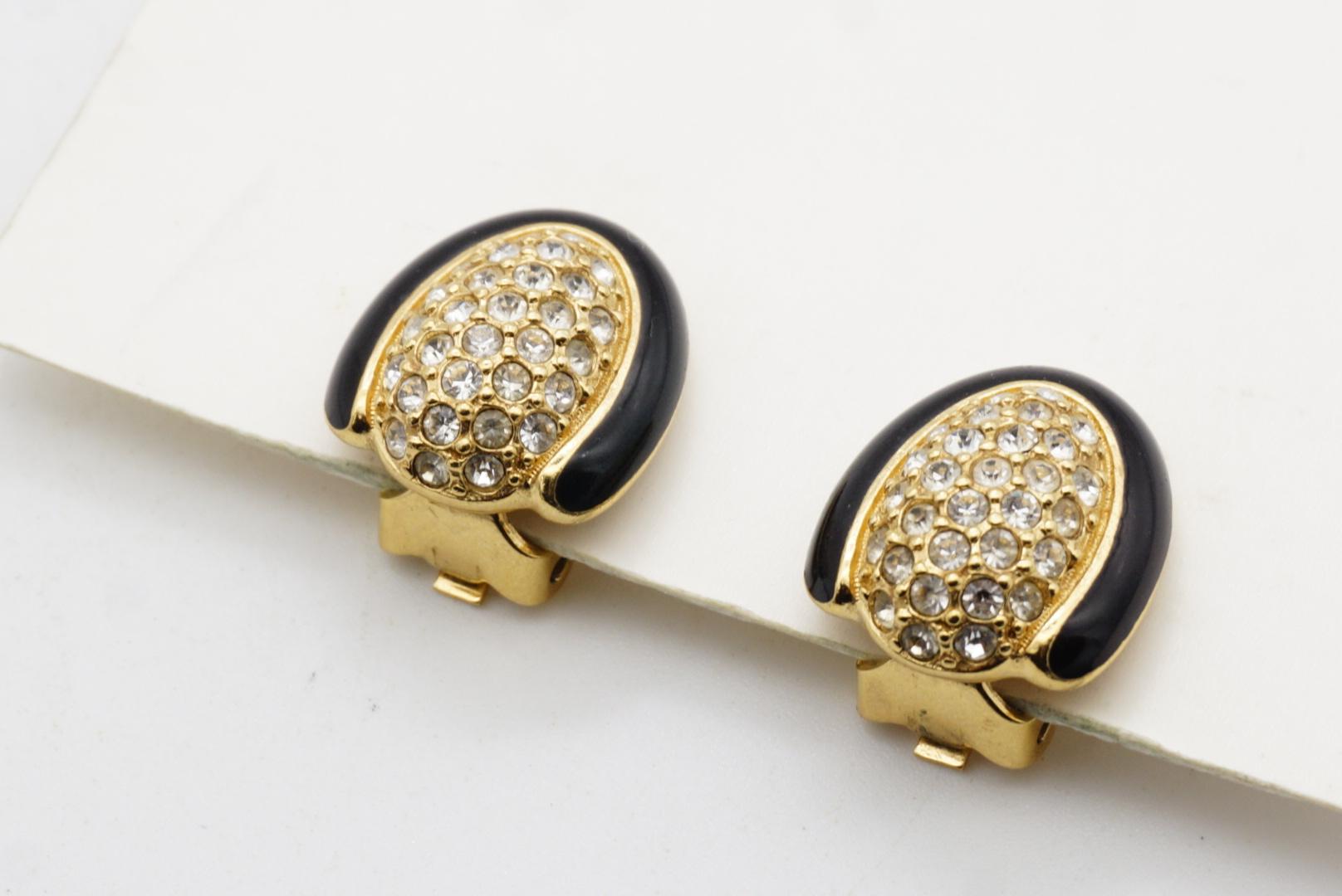 Christian Dior Vintage 1980 Black Enamel Oval Whole Crystals Gold Clip Earrings For Sale 3
