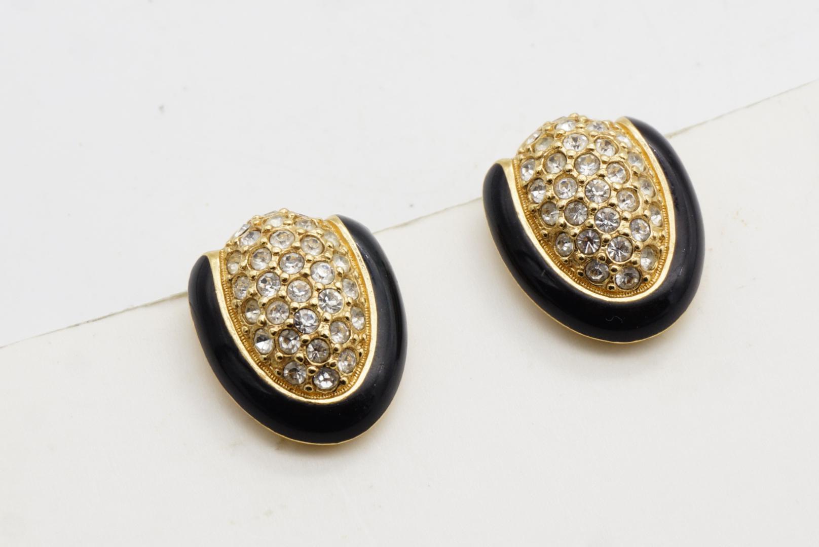 Christian Dior Vintage 1980 Black Enamel Oval Whole Crystals Gold Clip Earrings For Sale 4