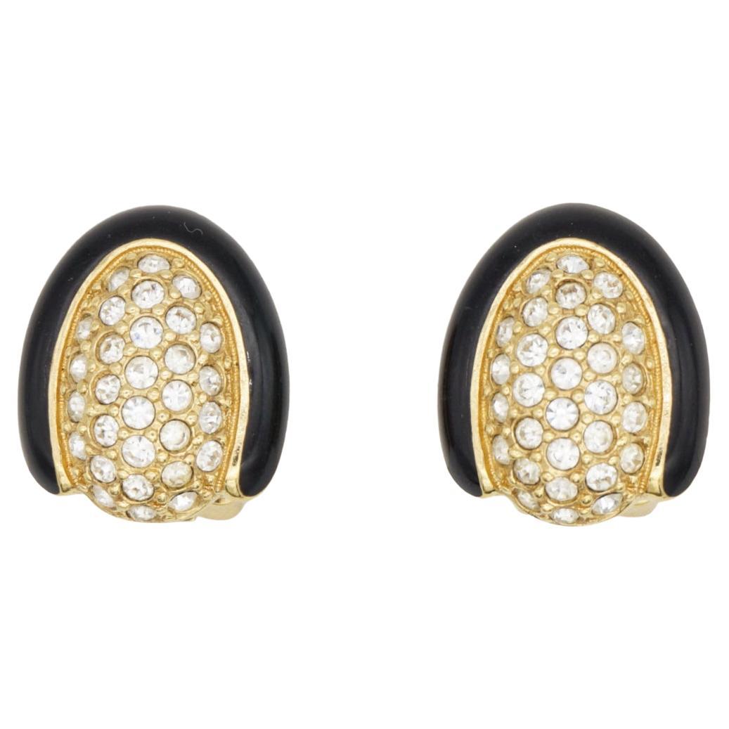 Christian Dior Vintage 1980 Black Enamel Oval Whole Crystals Gold Clip Earrings For Sale