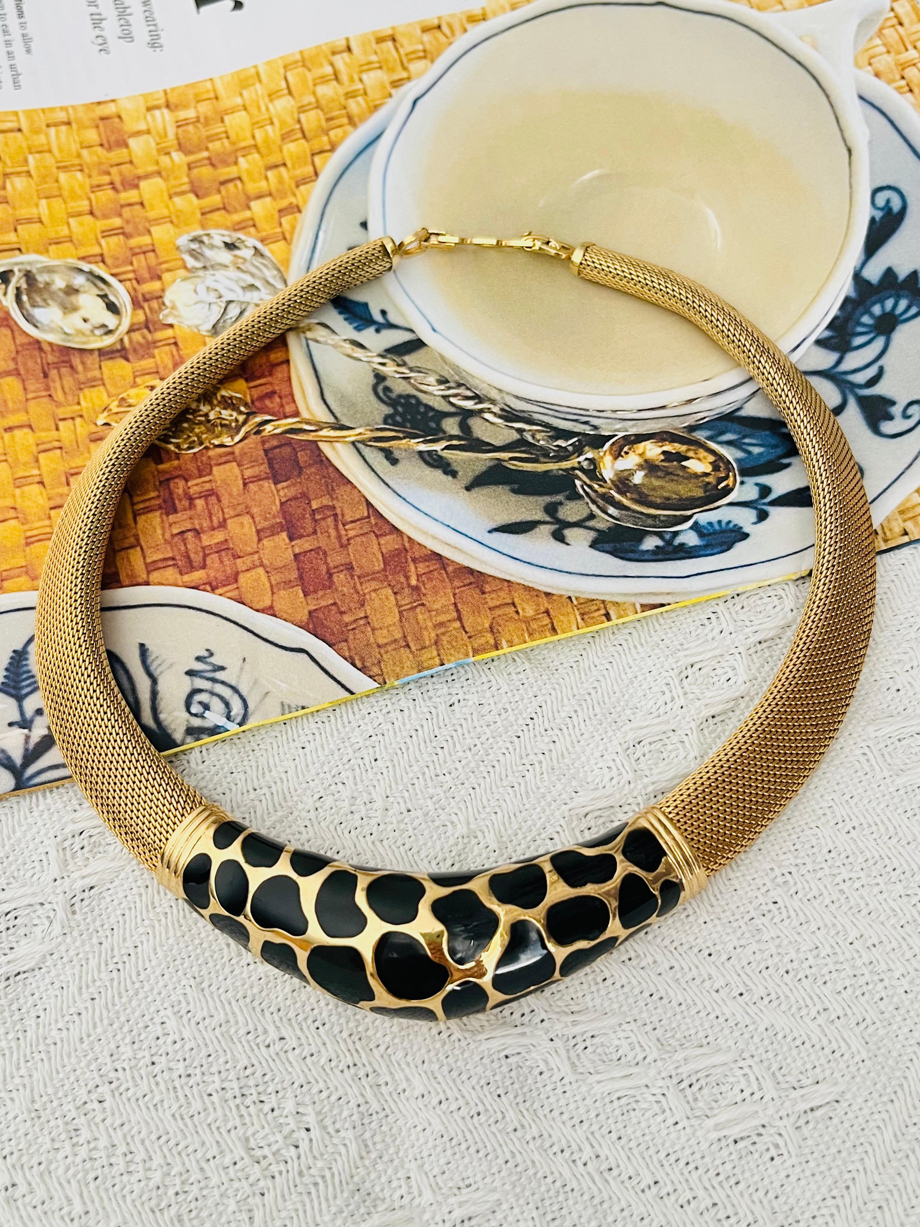 Art déco Christian Dior Vintage 1980 Noir Léopard Collier large en maille tissée Omega Chunky en vente