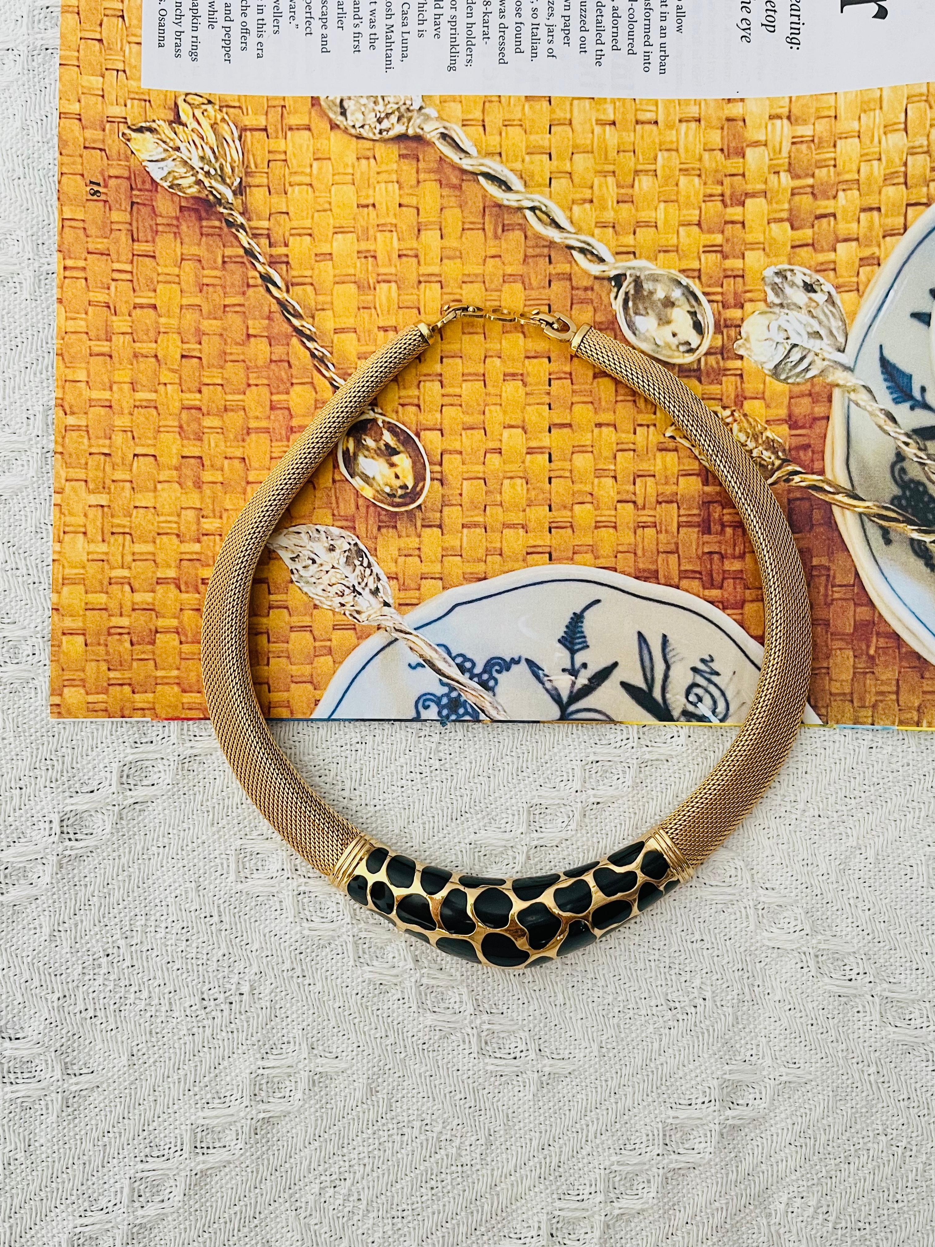 Christian Dior Vintage 1980 Noir Léopard Collier large en maille tissée Omega Chunky Bon état - En vente à Wokingham, England
