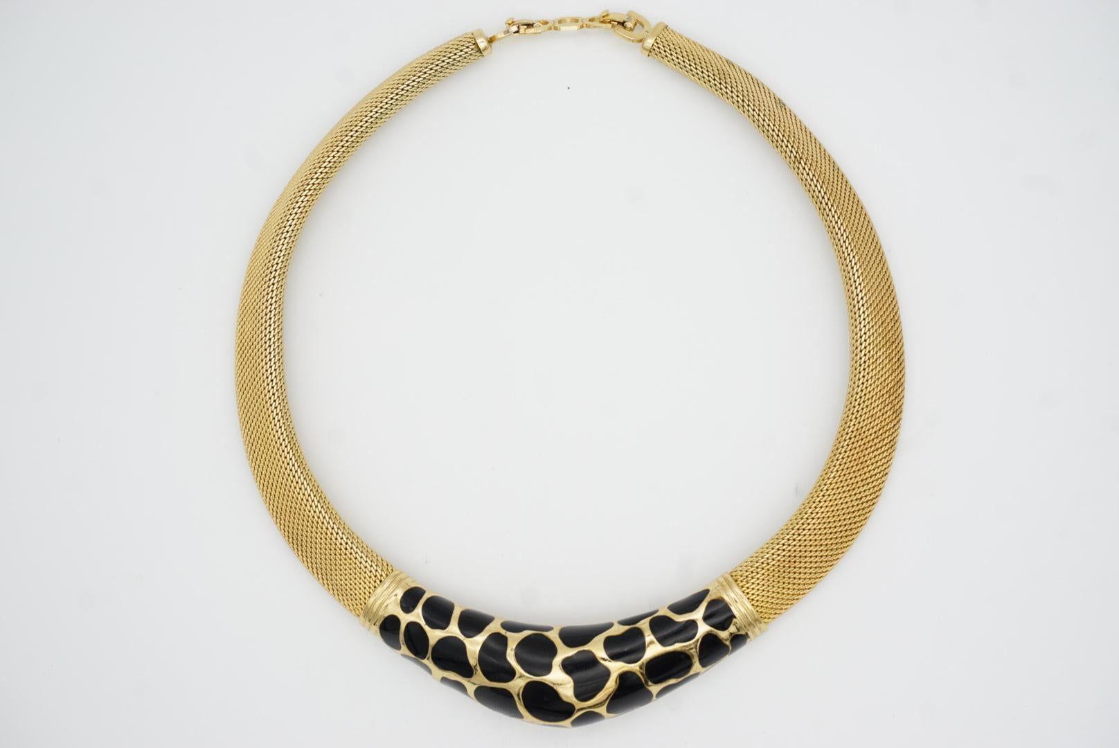 Christian Dior Vintage 1980 Noir Léopard Collier large en maille tissée Omega Chunky en vente 3