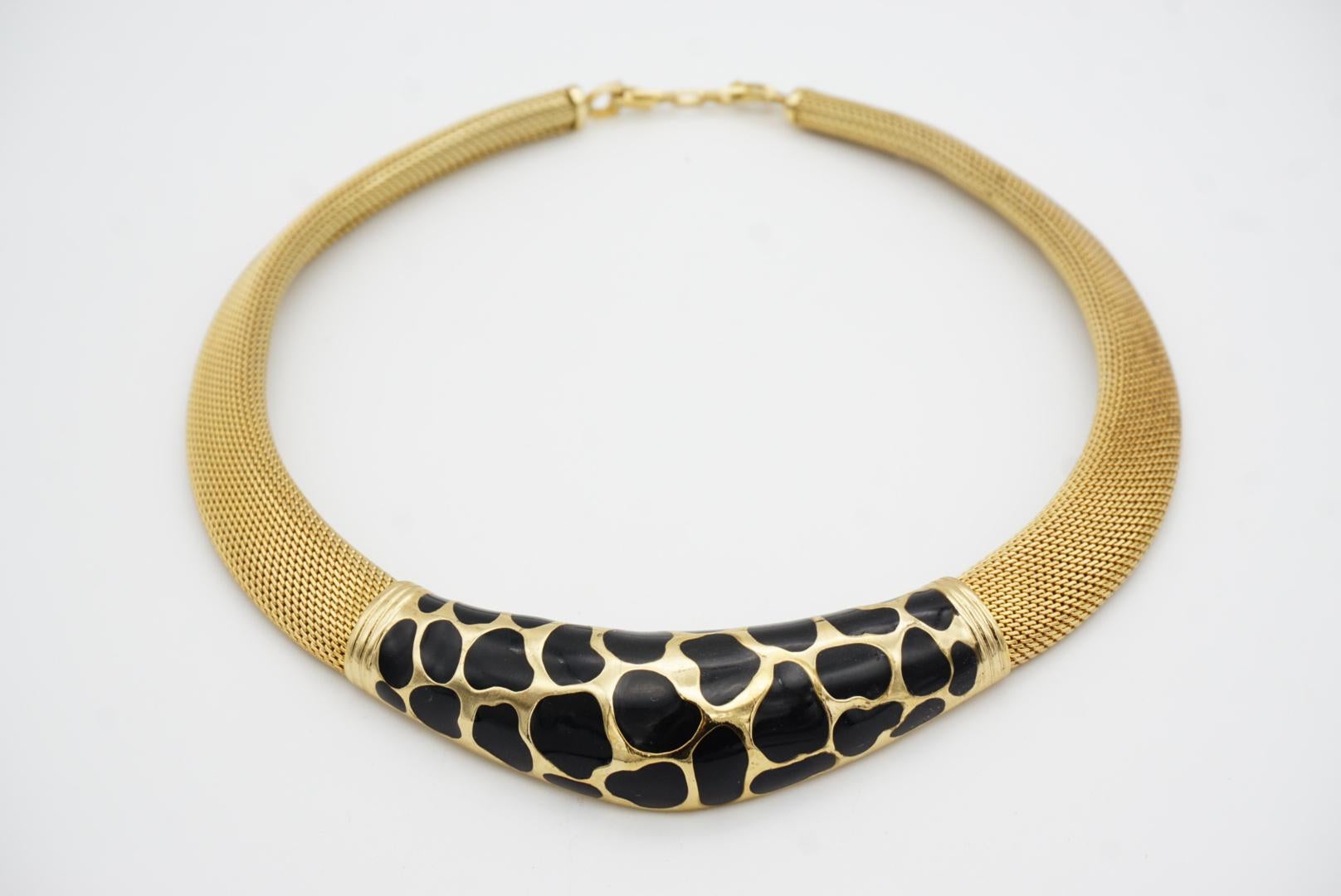 Christian Dior Vintage 1980 Noir Léopard Collier large en maille tissée Omega Chunky en vente 4