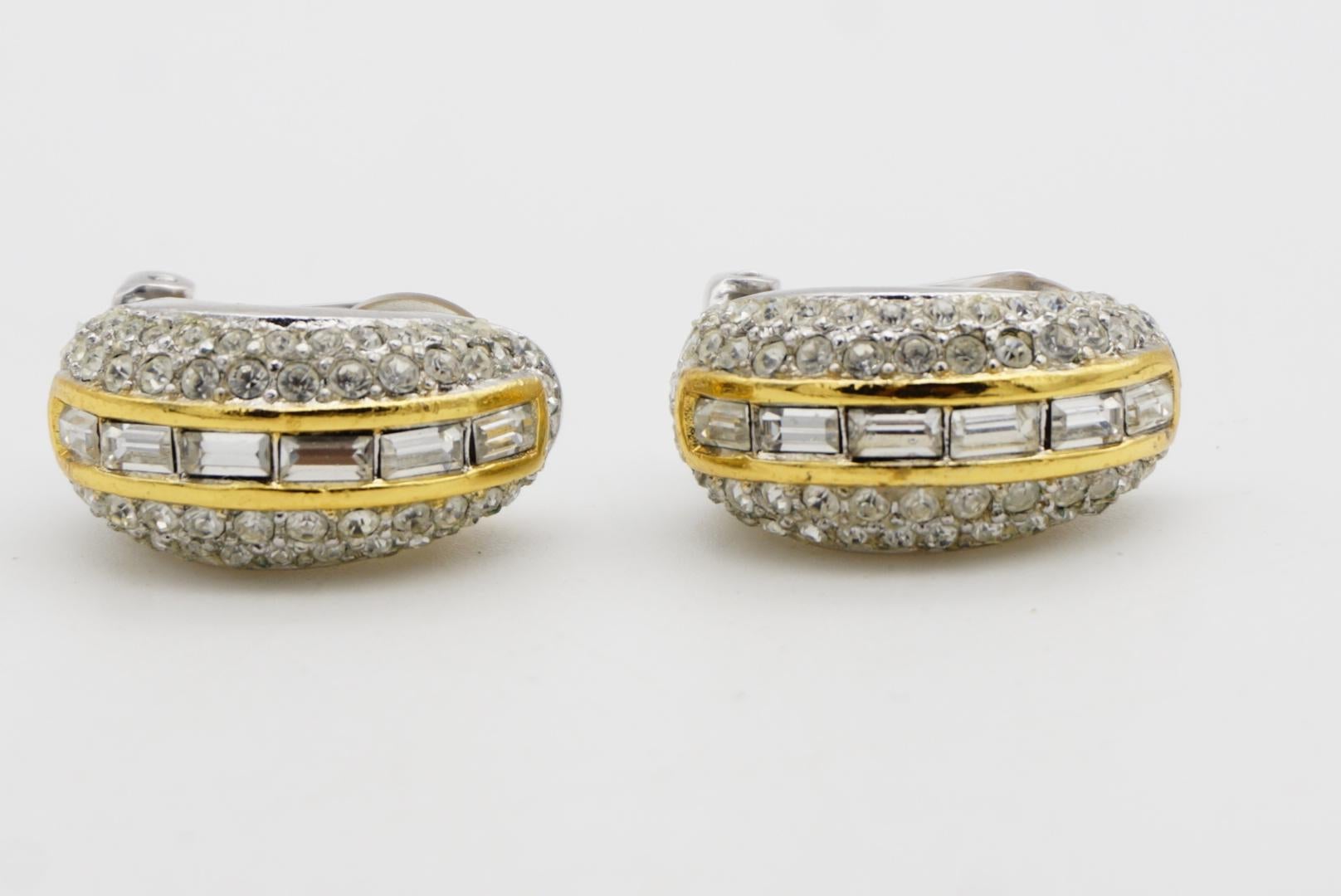 Christian Dior Vintage 1980 Circle Rectangle Crystals Dome Silver Gold Earrings For Sale 6