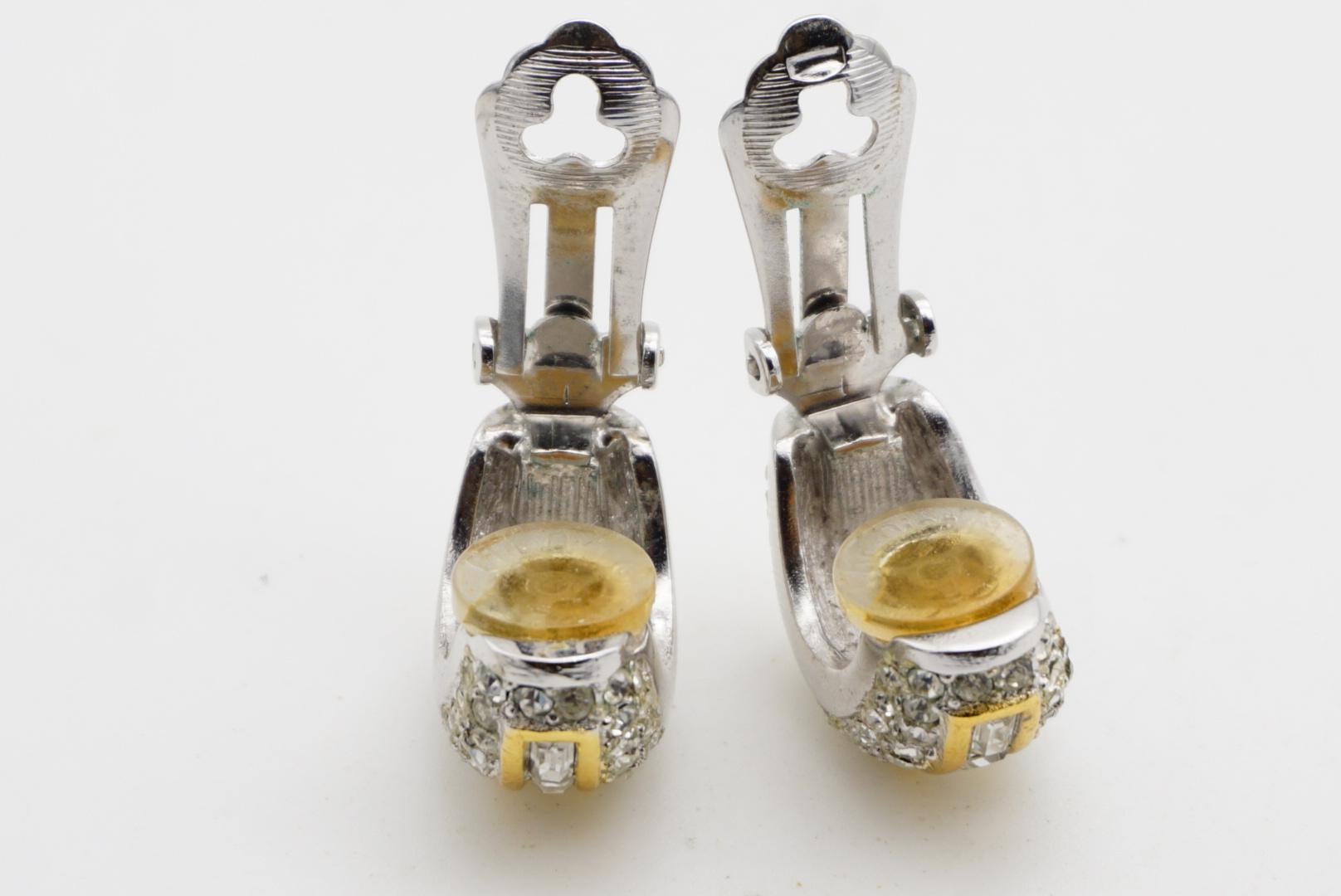 Christian Dior Vintage 1980 Circle Rectangle Crystals Dome Silver Gold Earrings For Sale 7