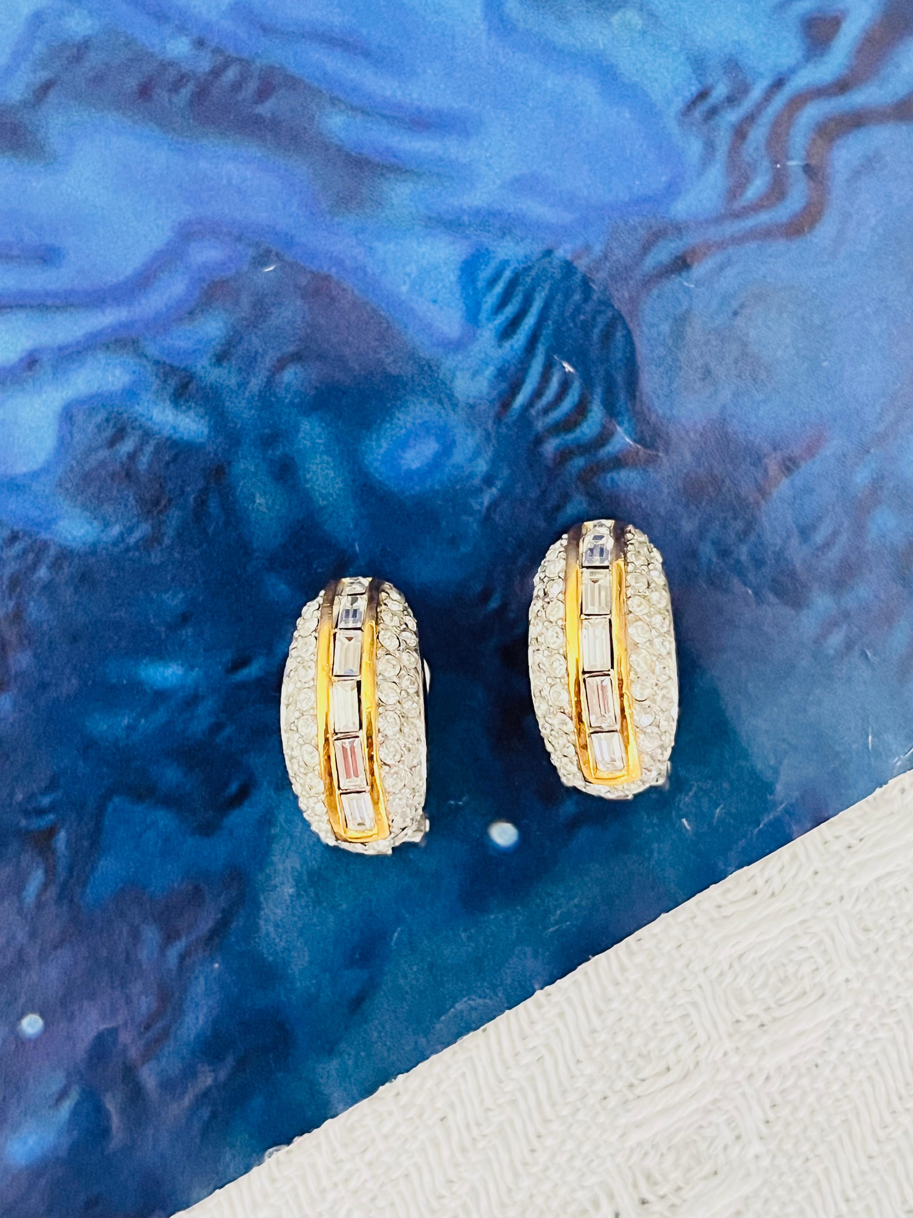 Art Deco Christian Dior Vintage 1980 Circle Rectangle Crystals Dome Silver Gold Earrings For Sale