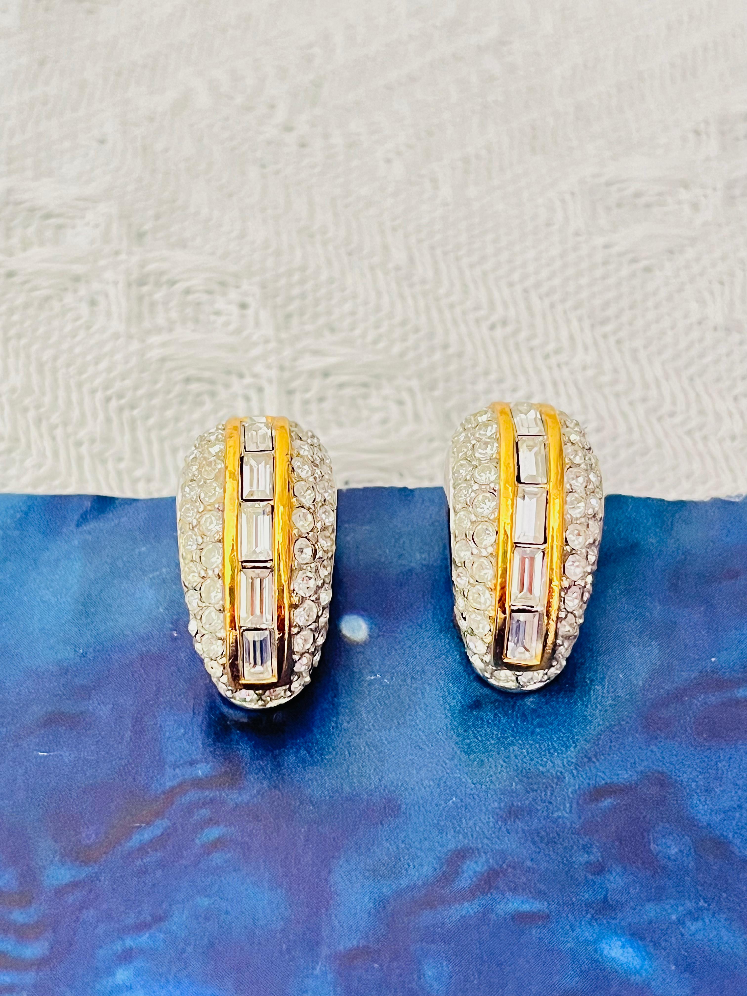 Christian Dior Vintage 1980 Circle Rectangle Crystals Dome Silver Gold Earrings In Excellent Condition For Sale In Wokingham, England