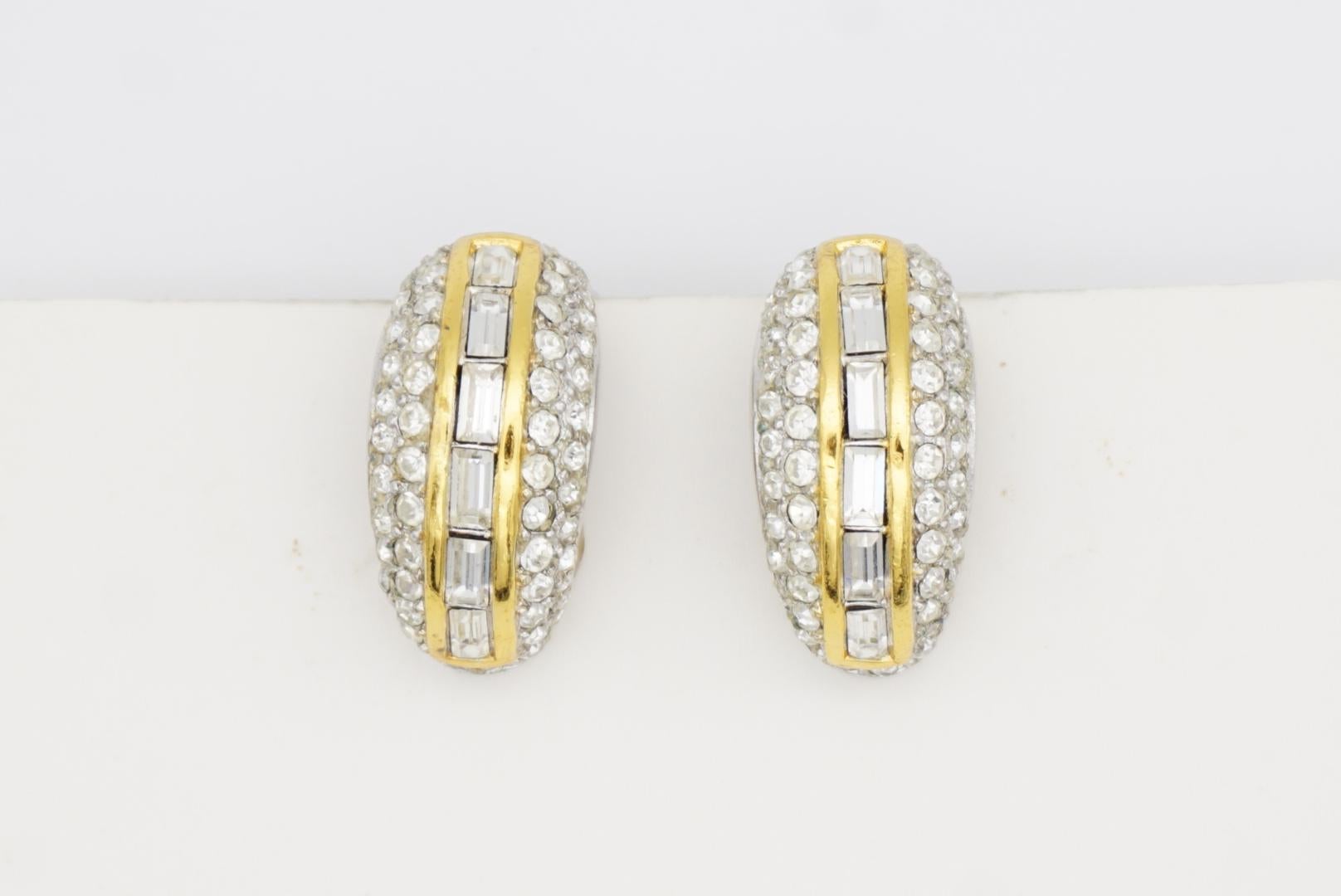 Christian Dior Vintage 1980 Circle Rectangle Crystals Dome Silver Gold Earrings For Sale 2