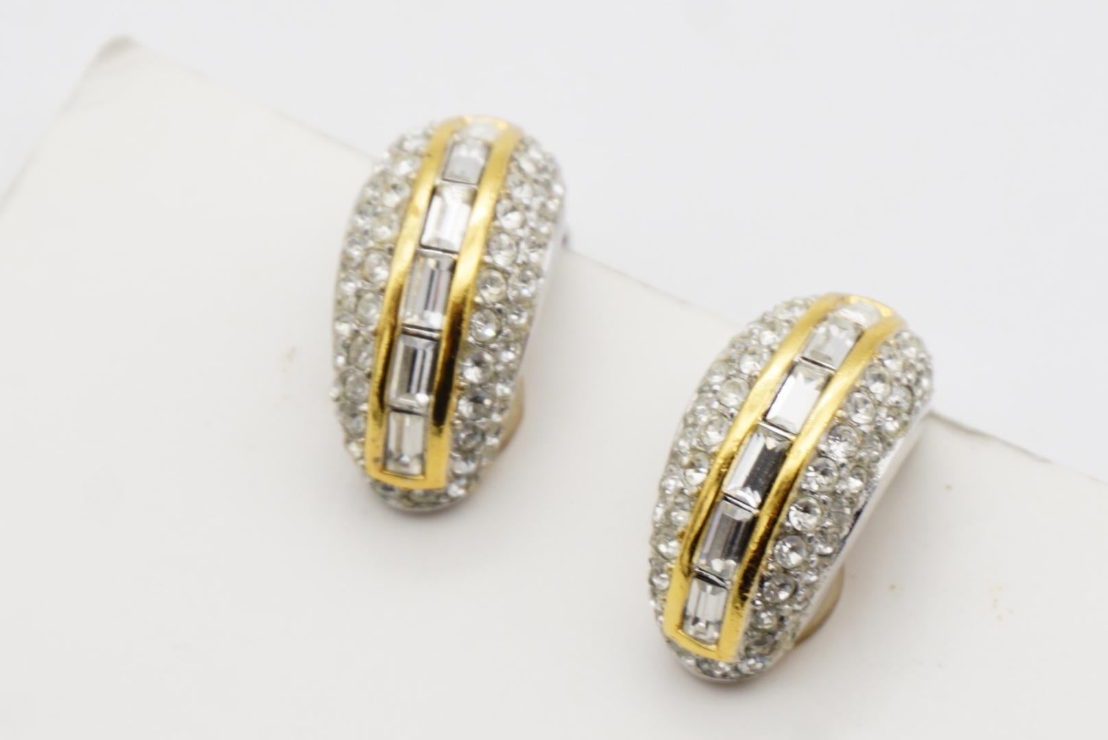 Christian Dior Vintage 1980 Circle Rectangle Crystals Dome Silver Gold Earrings For Sale 3