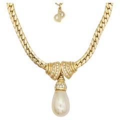 Christian Dior Vintage 1980 Crystal Double Fan Pearl Water Drop Dangle Necklace