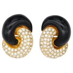 Christian Dior Vintage 1980 Crystals Black Interlocked Half Twist Clip Earrings