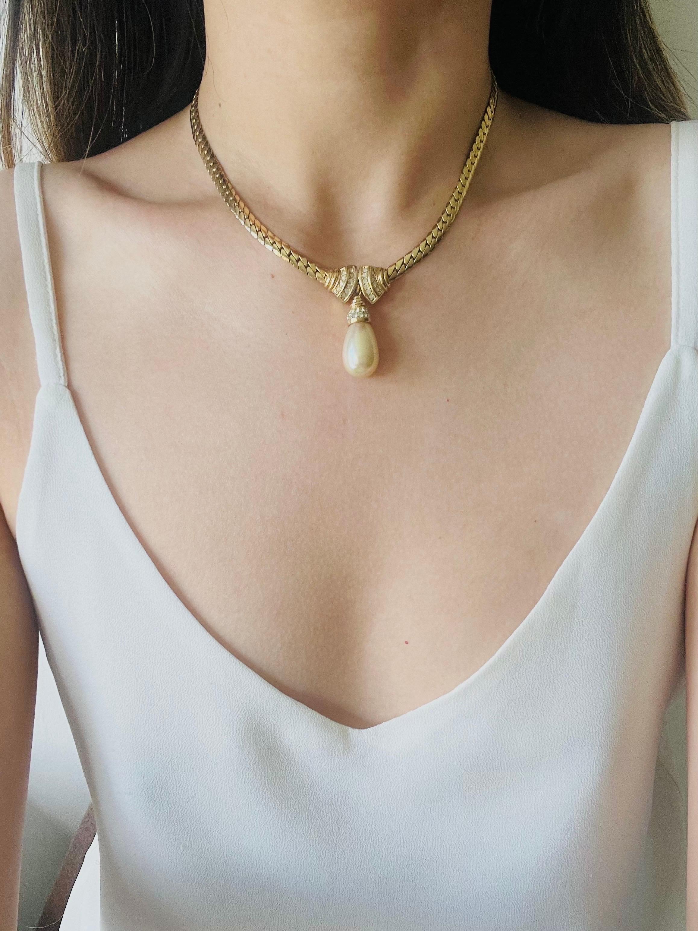Christian Dior Vintage 1980 Crystals Double Fan Pearl Water Drop Dangle Necklace 3