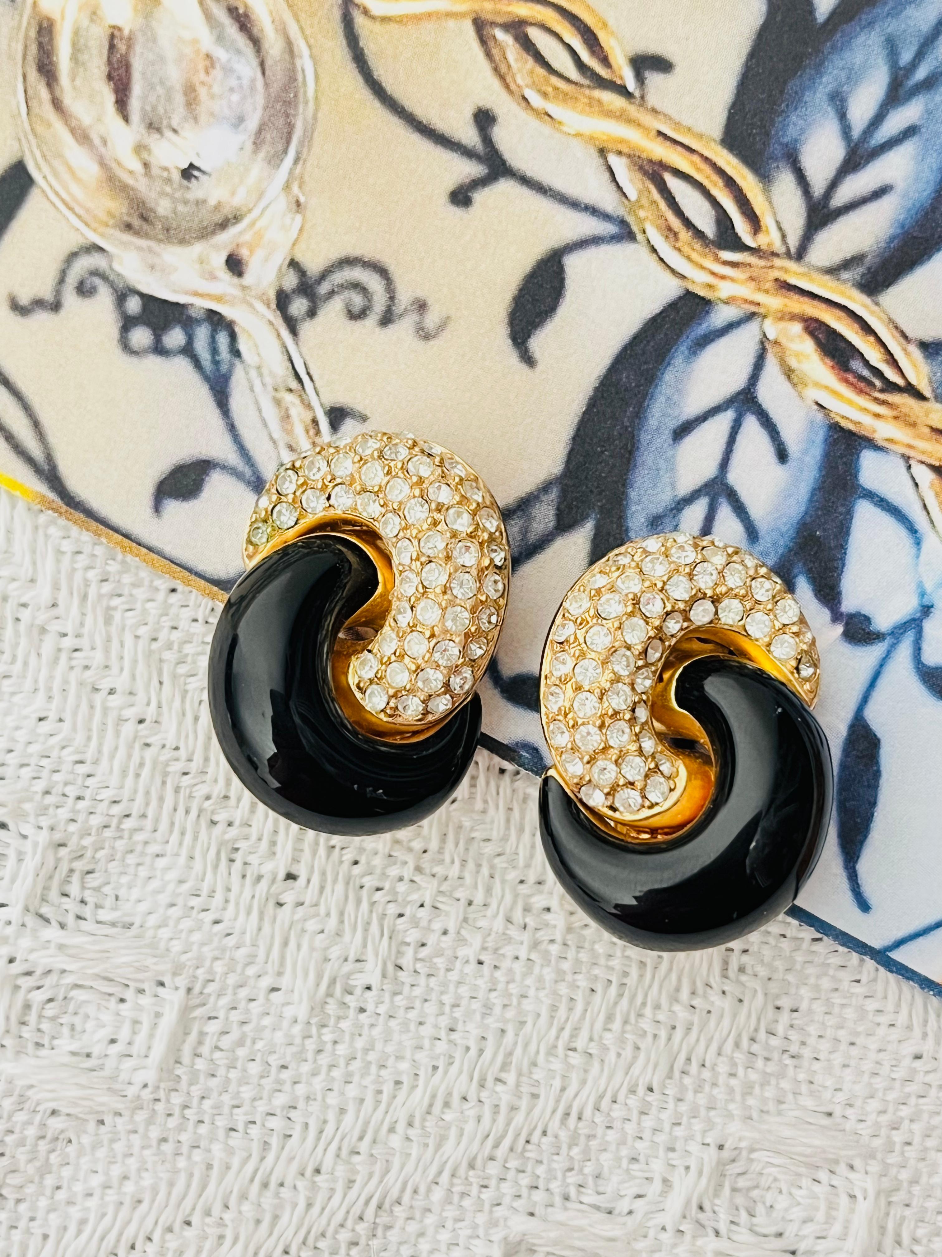 Christian Dior Vintage 1980 Cristales Medio Negro Entrelazados Pendientes Twist Clip Art Decó en venta