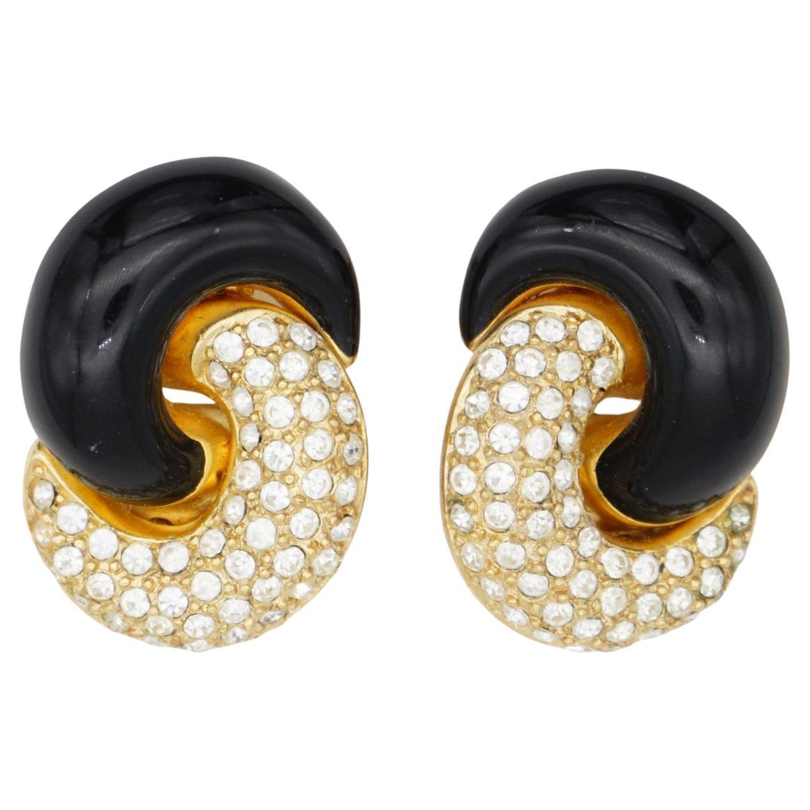 Christian Dior Vintage 1980 Crystals Half Black Interlocked Twist Clip Earrings