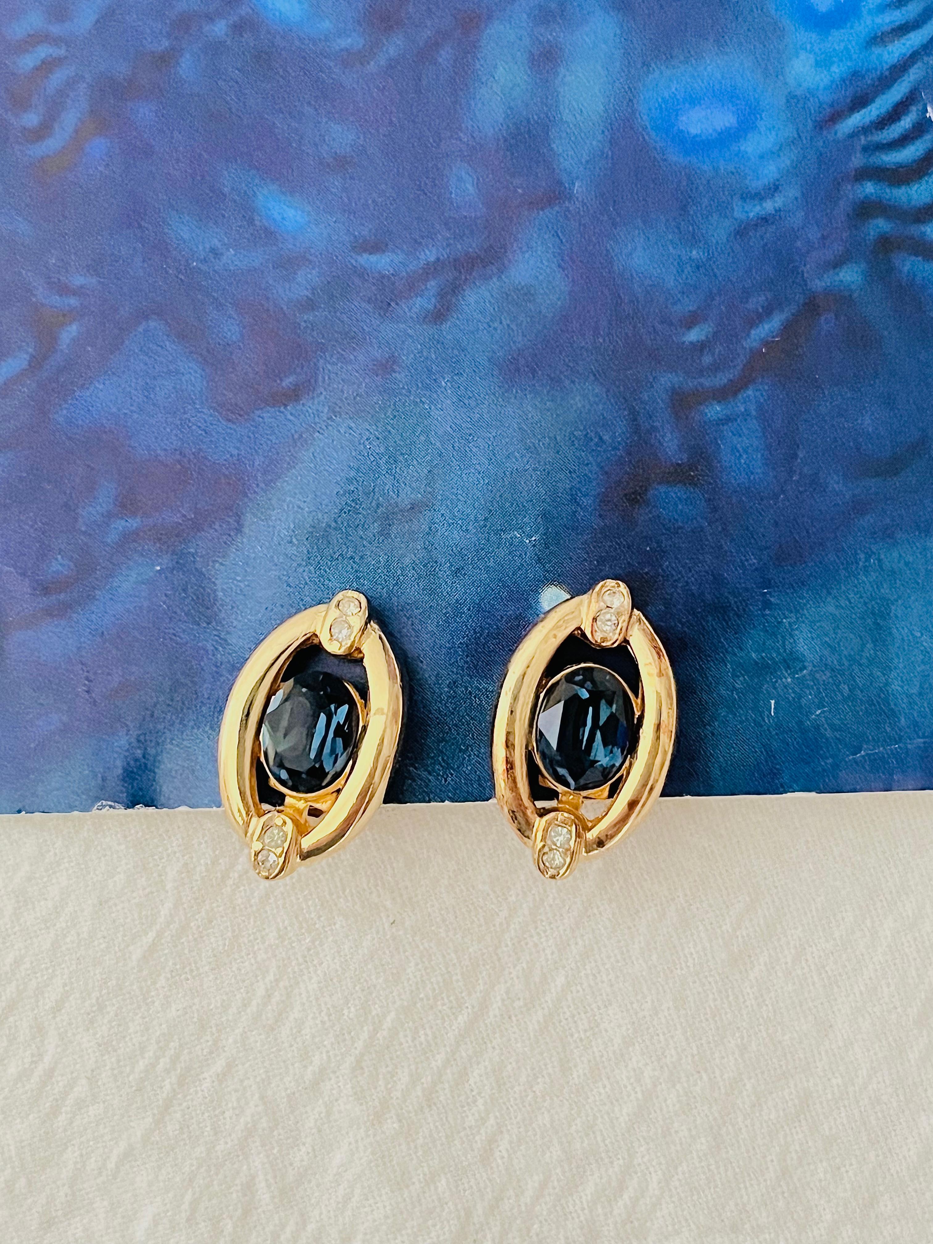 Art Deco Christian Dior Vintage 1980 Double Oval Sapphire Crystal Openwork Clip Earrings For Sale