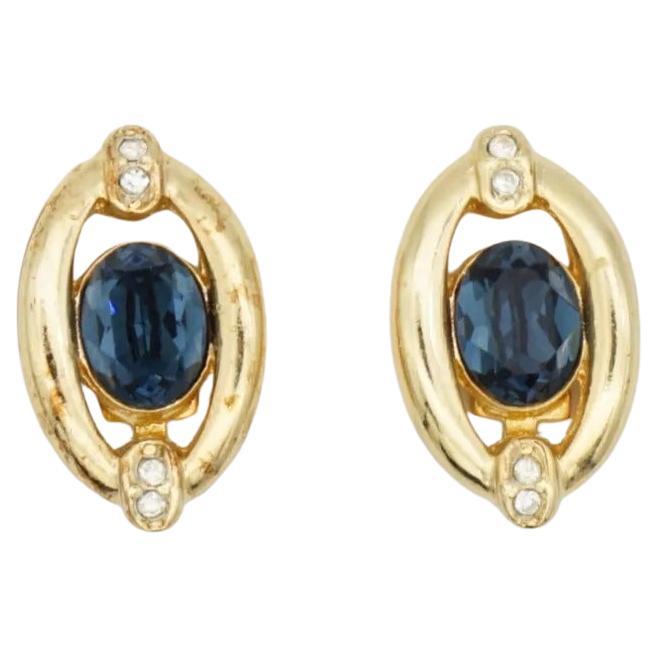 Christian Dior Vintage 1980 Double Oval Sapphire Crystal Openwork Clip Earrings For Sale