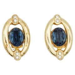 Christian Dior Vintage 1980 Double Oval Sapphire Crystal Openwork Clip Earrings