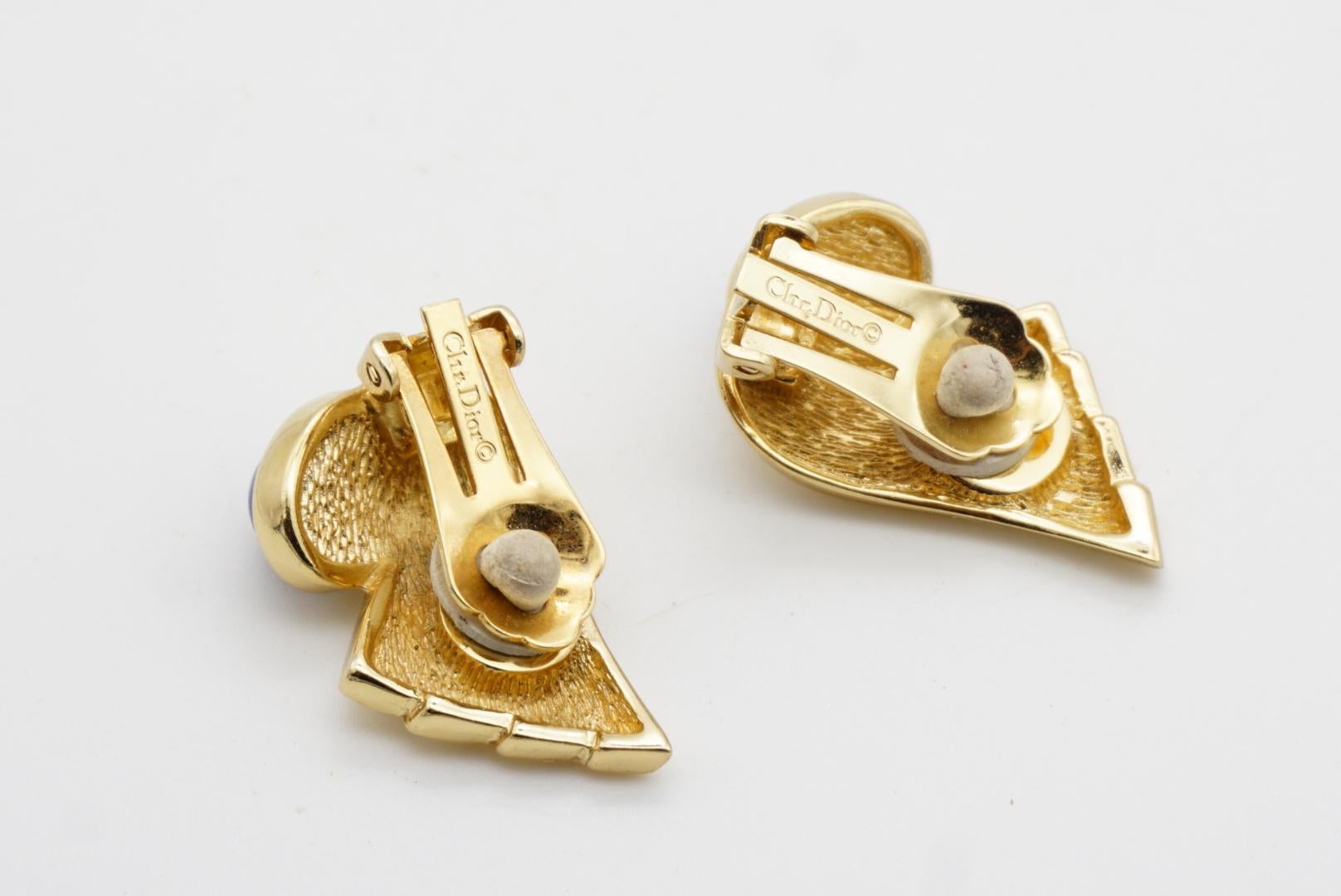Christian Dior Vintage 1980 Lapislázuli Ovalado Cabujón Pendientes Clip Pluma Ala en venta 6