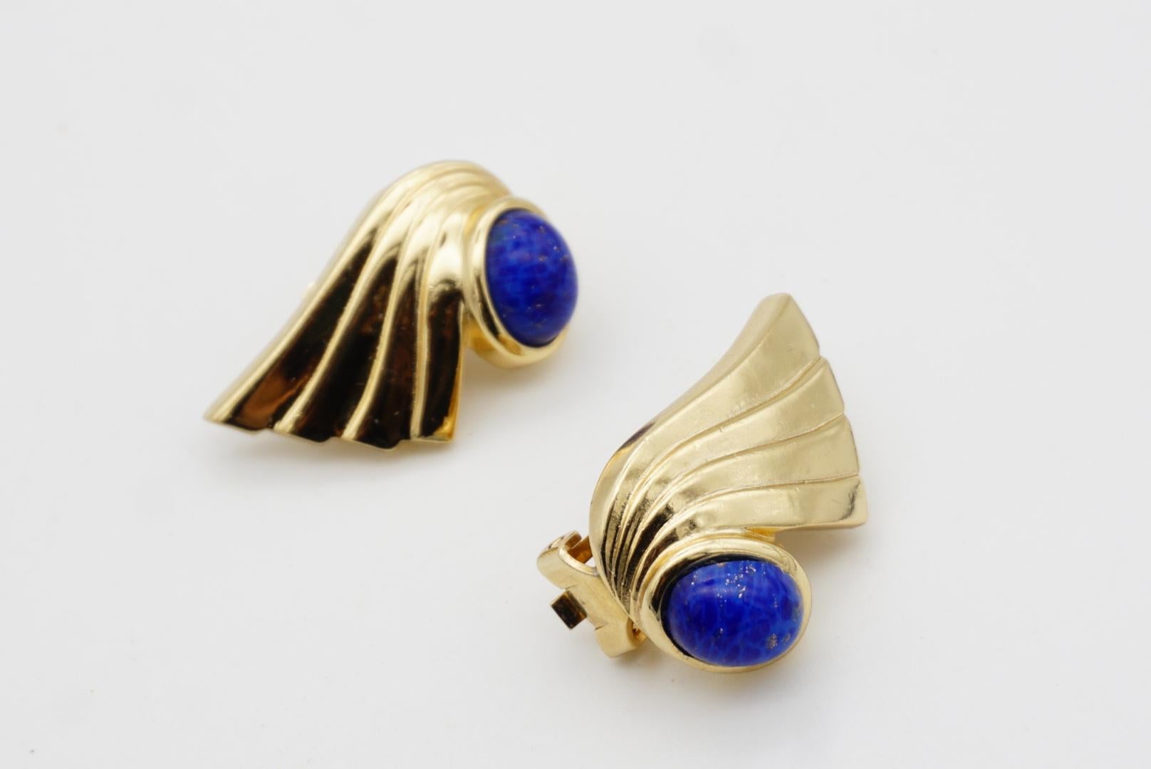 Christian Dior Vintage 1980 Lapislázuli Ovalado Cabujón Pendientes Clip Pluma Ala en venta 6