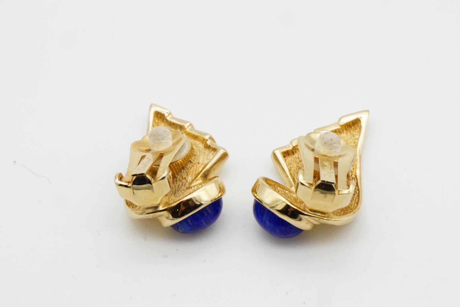 Christian Dior Vintage 1980 Lapislázuli Ovalado Cabujón Pendientes Clip Pluma Ala en venta 7