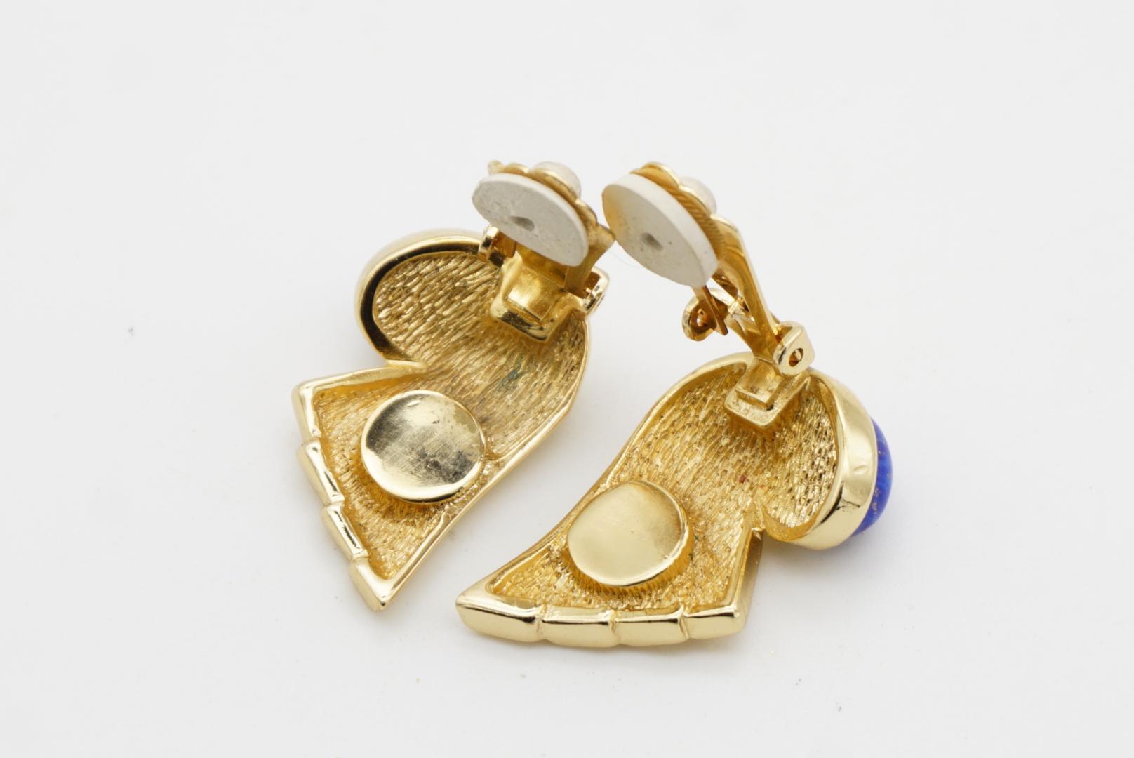 Christian Dior Vintage 1980 Lapislázuli Ovalado Cabujón Pendientes Clip Pluma Ala en venta 9