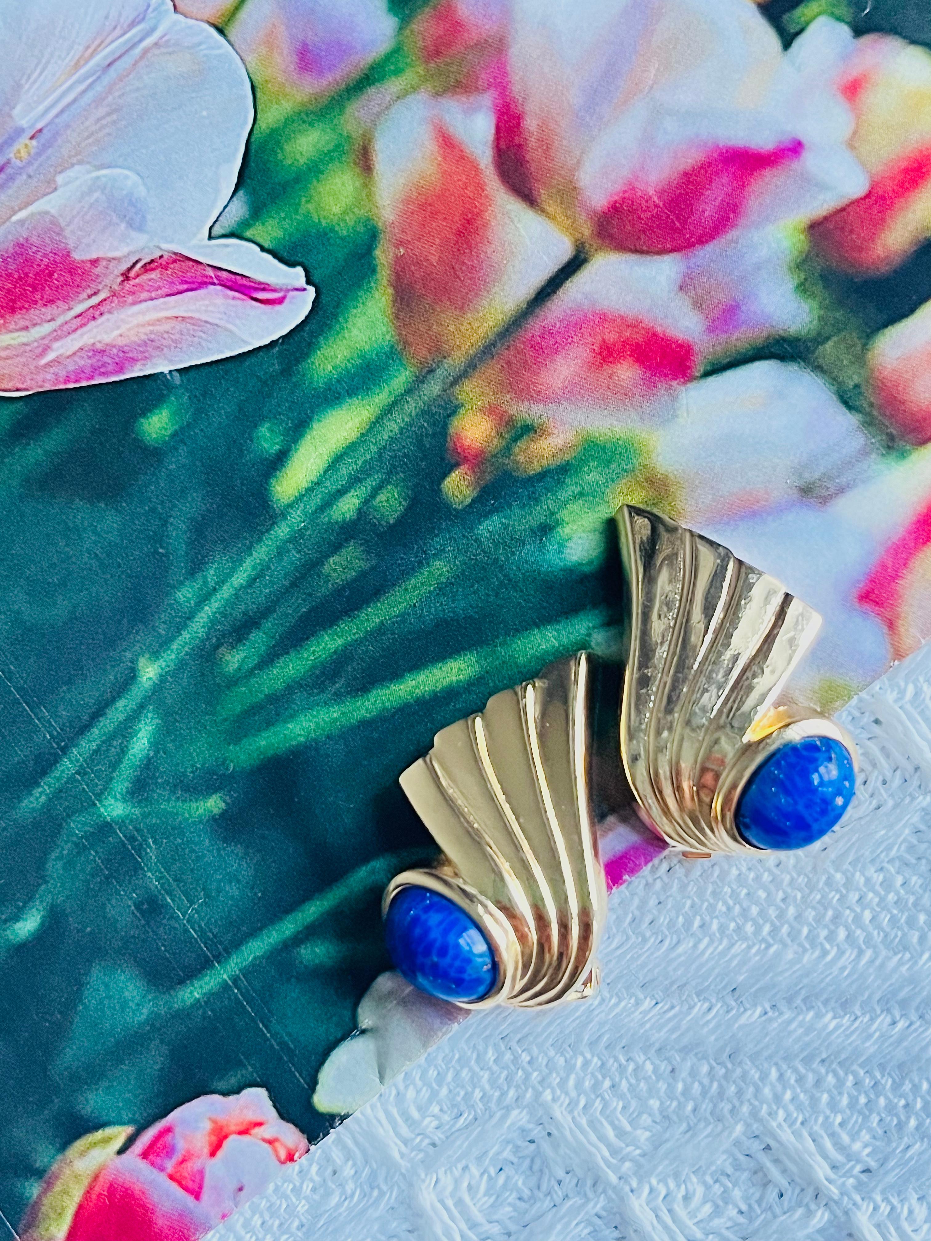 Christian Dior Vintage 1980 Lapislázuli Ovalado Cabujón Pendientes Clip Pluma Ala Art Decó en venta