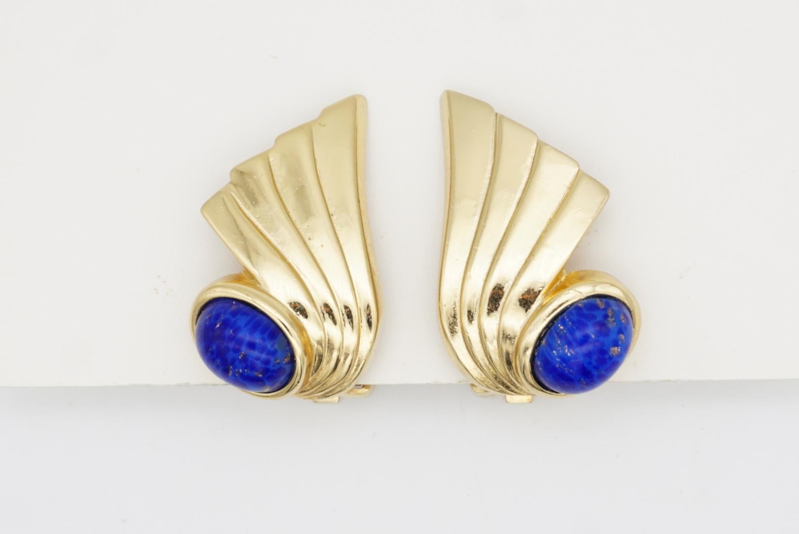Christian Dior Vintage 1980 Lapislázuli Ovalado Cabujón Pendientes Clip Pluma Ala en venta 3