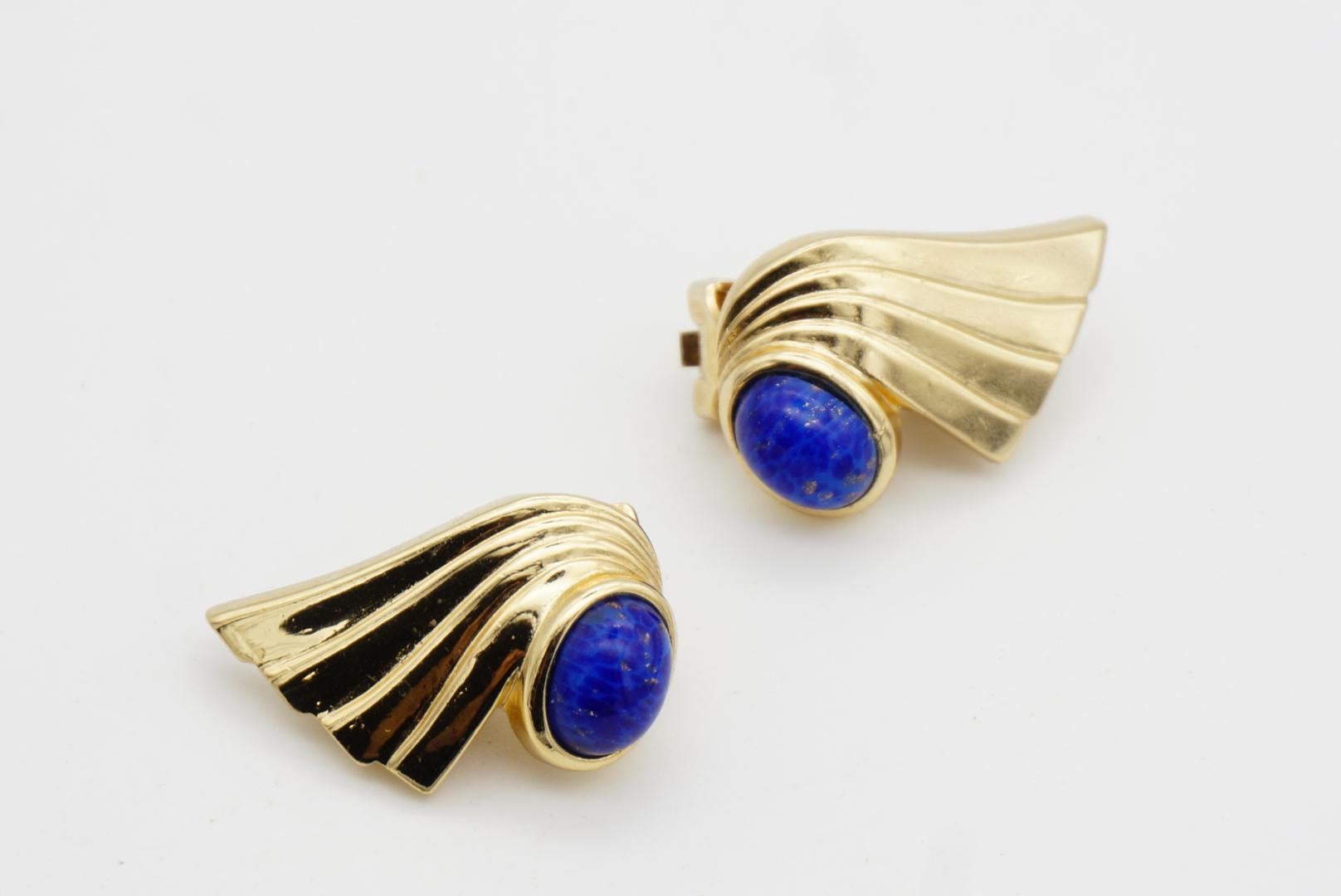 Christian Dior Vintage 1980 Lapislázuli Ovalado Cabujón Pendientes Clip Pluma Ala en venta 4
