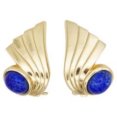 Christian Dior Vintage 1980 Lapis ovale Cabochon Aile Plume Clip Boucles d'oreilles