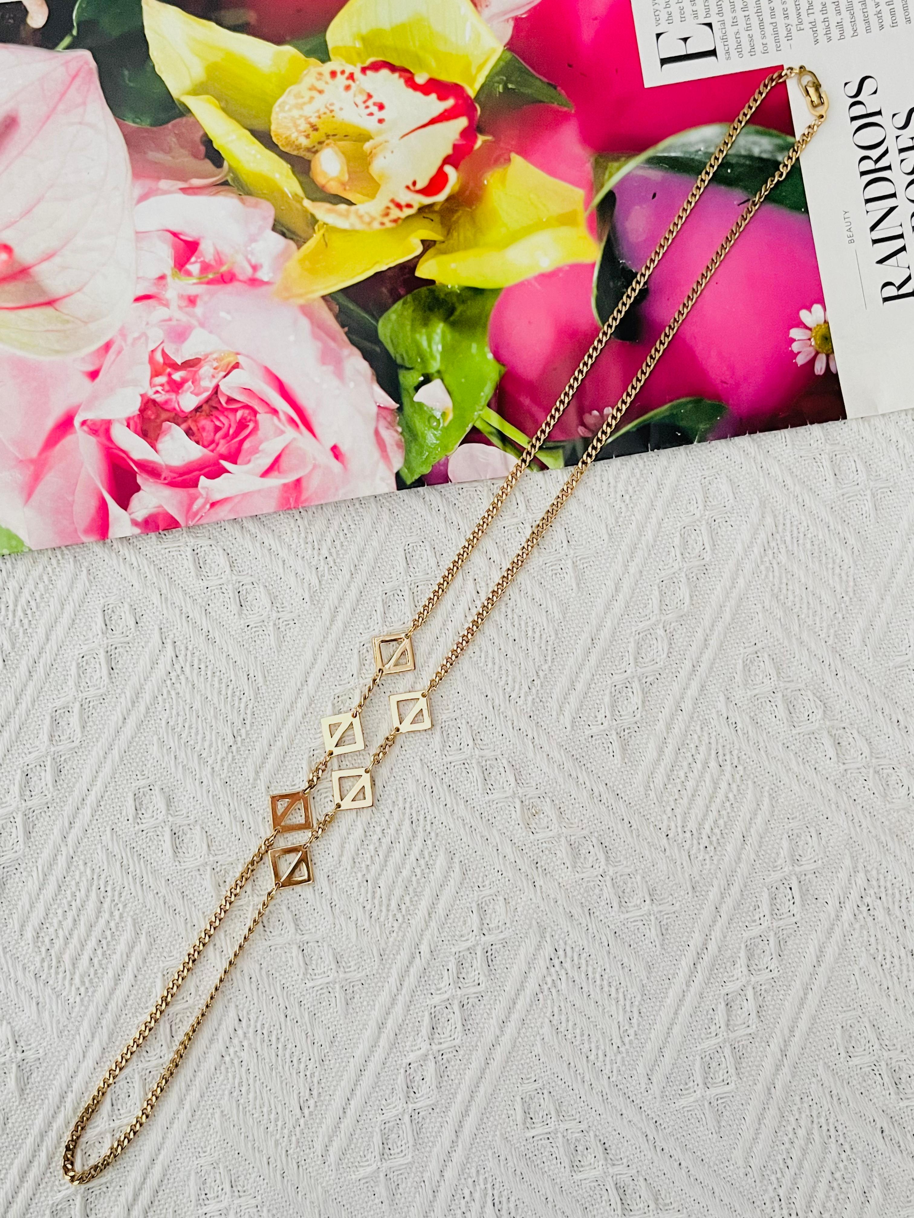 Art Deco Christian Dior Vintage 1980 Geometric Square Triangle Charms Gold Long Necklace For Sale