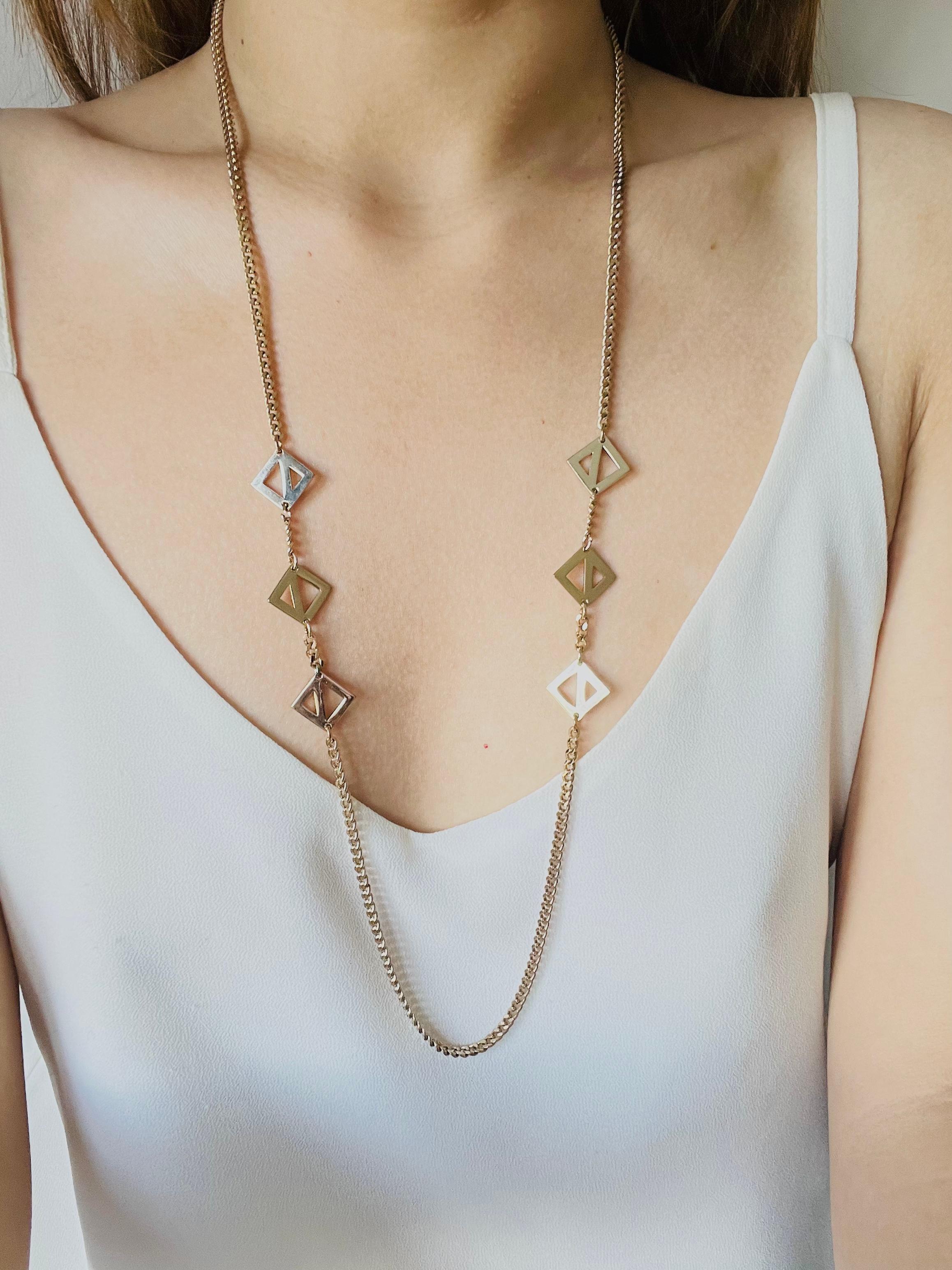 Women's or Men's Christian Dior Vintage 1980 Geometric Square Triangle Charms Gold Long Necklace For Sale
