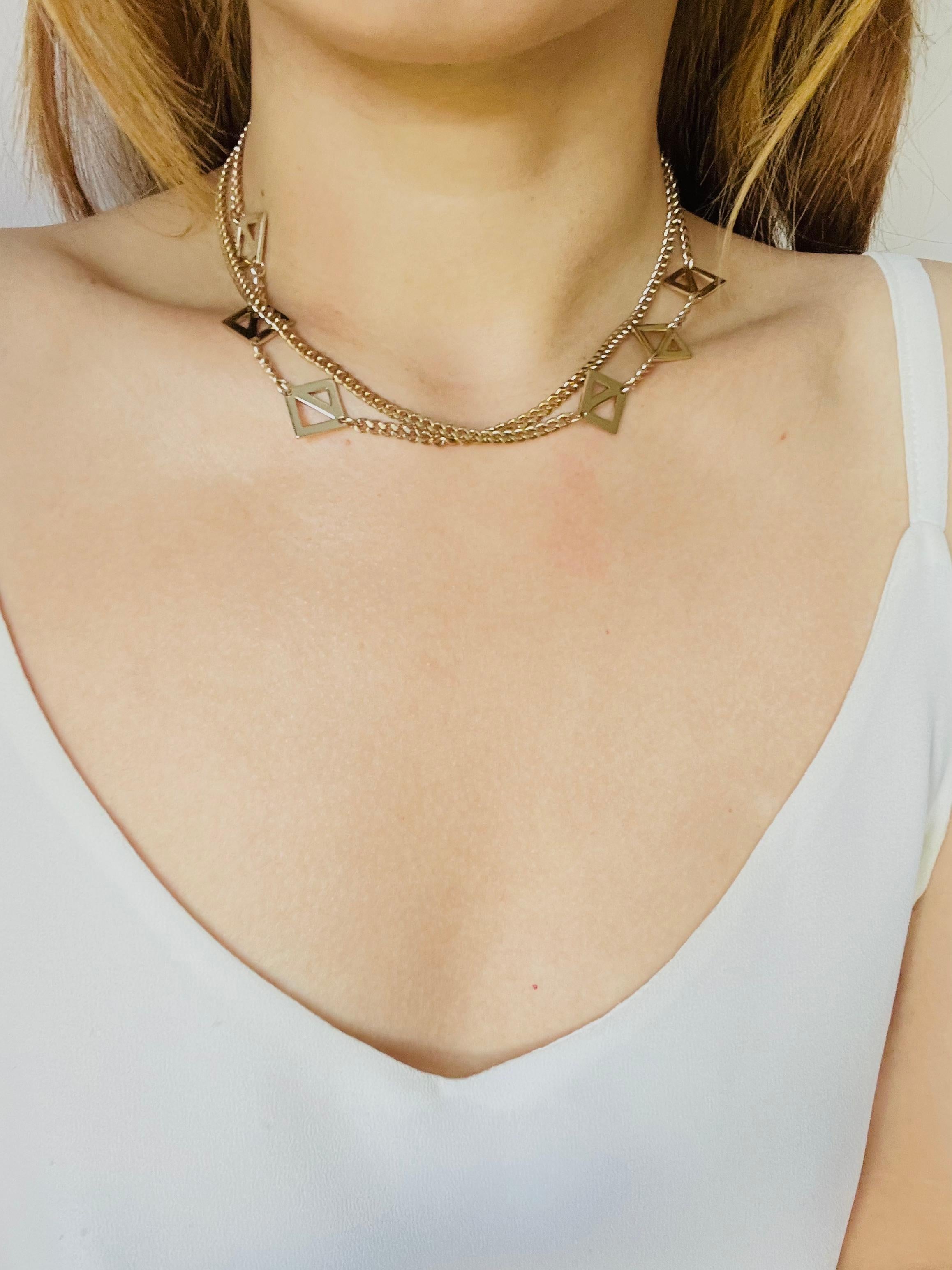 Christian Dior Vintage 1980 Geometric Square Triangle Charms Gold Long Necklace For Sale 1