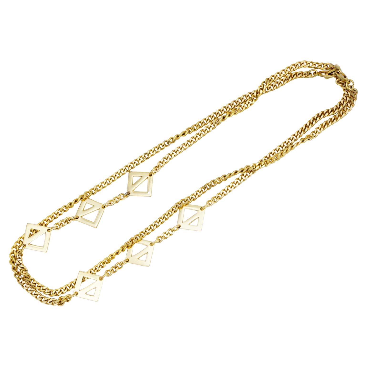 Christian Dior Vintage 1980 Collana lunga in oro con charms quadrati geometrici a triangolo