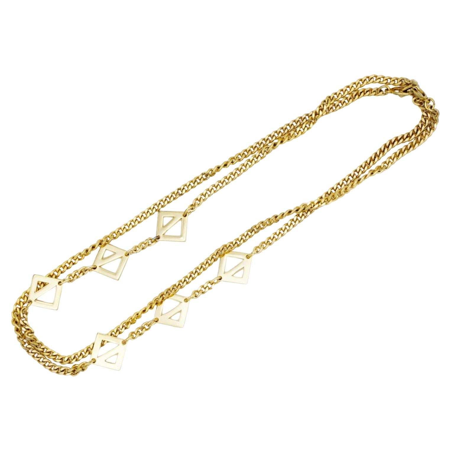 Christian Dior Vintage 1980 Geometric Square Triangle Charms Gold Long Necklace For Sale